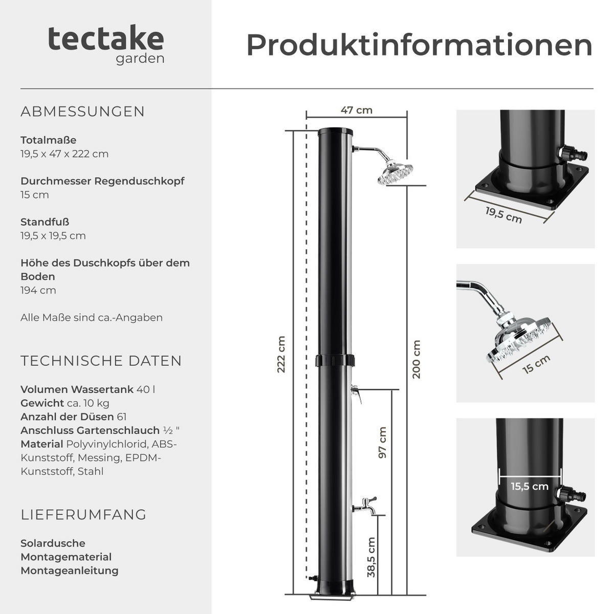 SOLARDUSCHE Orinoco,inklusive Wasserhahn,schwarz/silber - Silberfarben/Schwarz, Kunststoff (19.5/222/47cm) - tectake