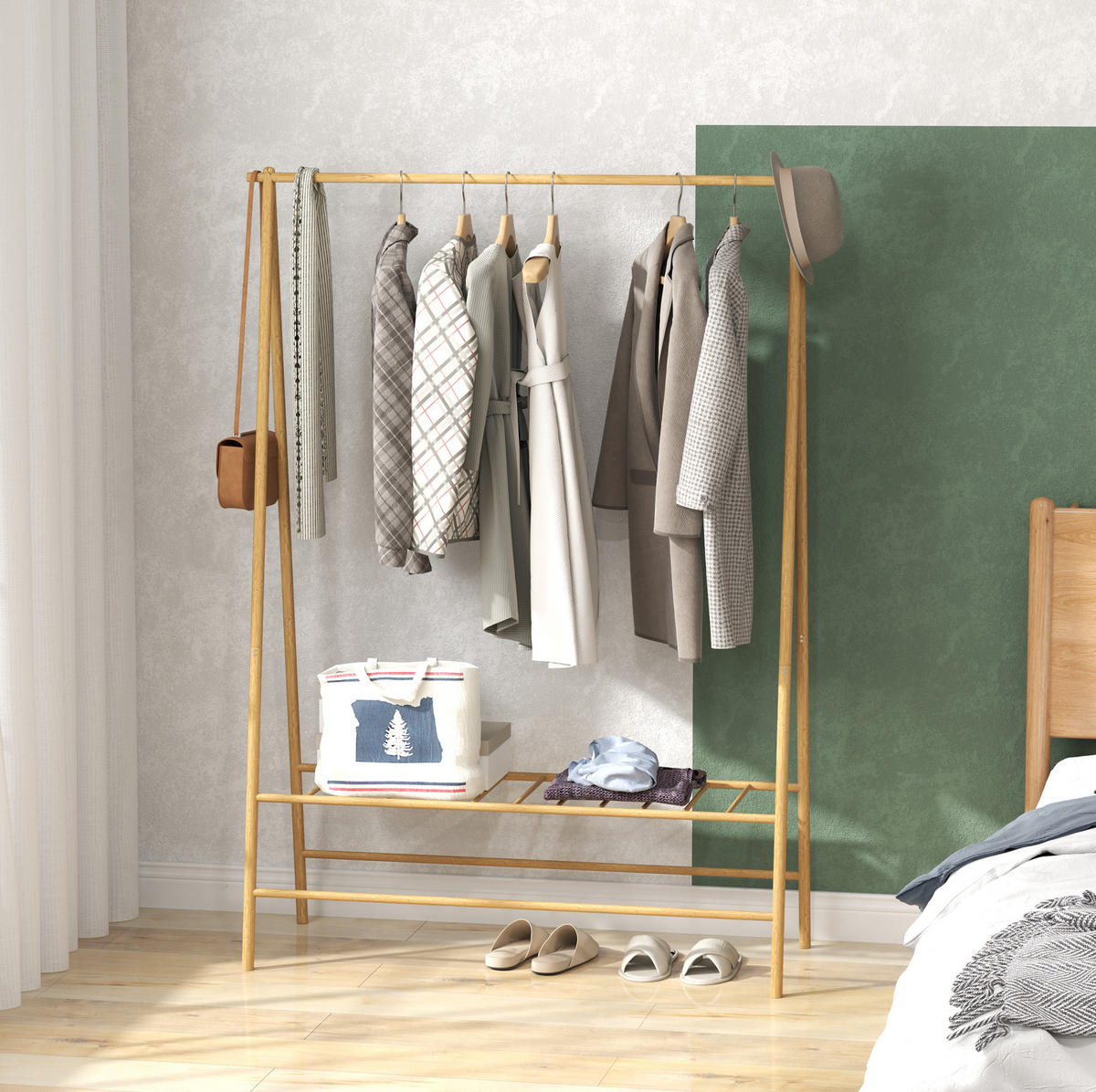 GARDEROBENSTÄNDER aus Bambus 116/43,5/160 cm mit Kleiderstange, 2 Haken und Schuhablage, Naturholz - Naturfarben, Naturmaterialien (116/160/43.5cm) - Redom