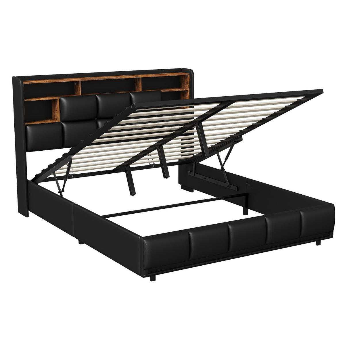 POLSTERBETT mit Stauraum 160x200 cm, USB, LED & Lattenrost, schwarz - Schwarz, Metall (160/200cm)