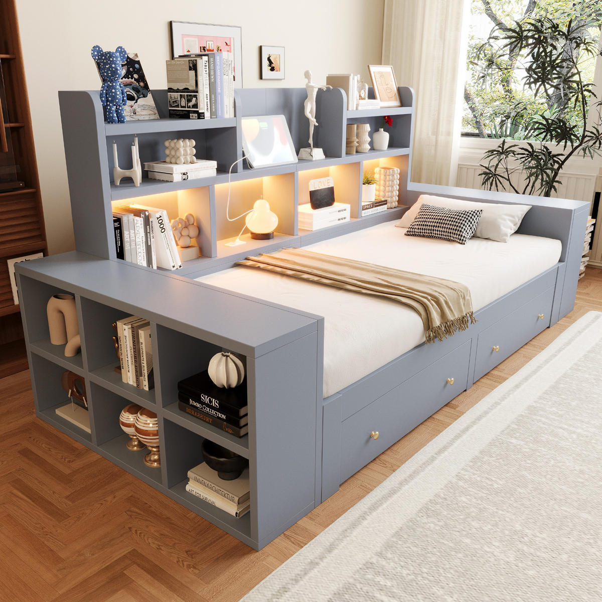 AUSZIEHBETT 90/180/200 cm mit Ablagefächern und Schubladen, DE-41646, in Grau - Grau, Holzwerkstoff (90/200cm) - ComfortXL