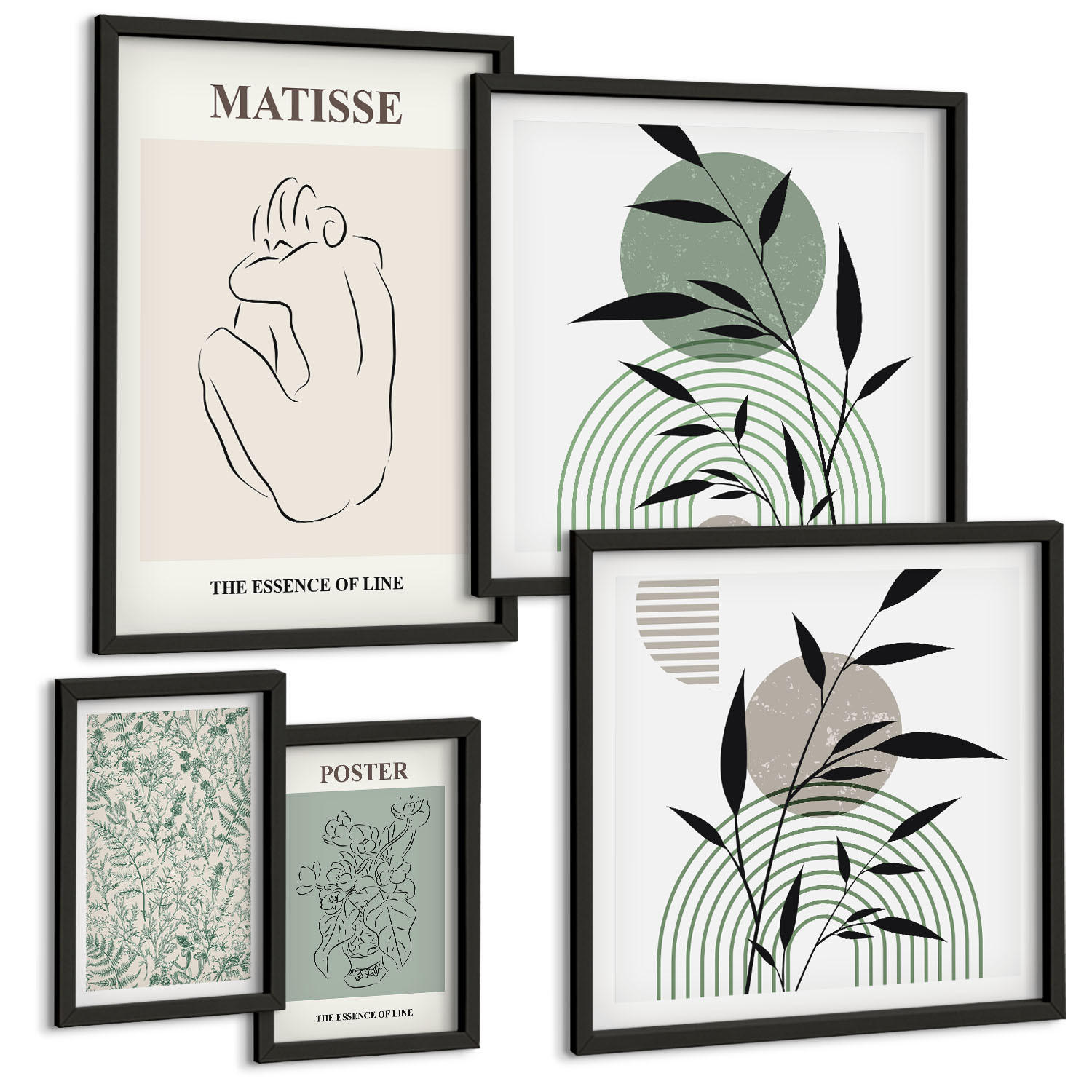 BILDER SET 5er Set - 50x50 cm & 20x30 cm & 40x60 cm Schwarzer Rahmen - Linien, Pflanzenmuster, Minimalismus - Schwarz, Kunststoff (40/60cm) - TULUP
