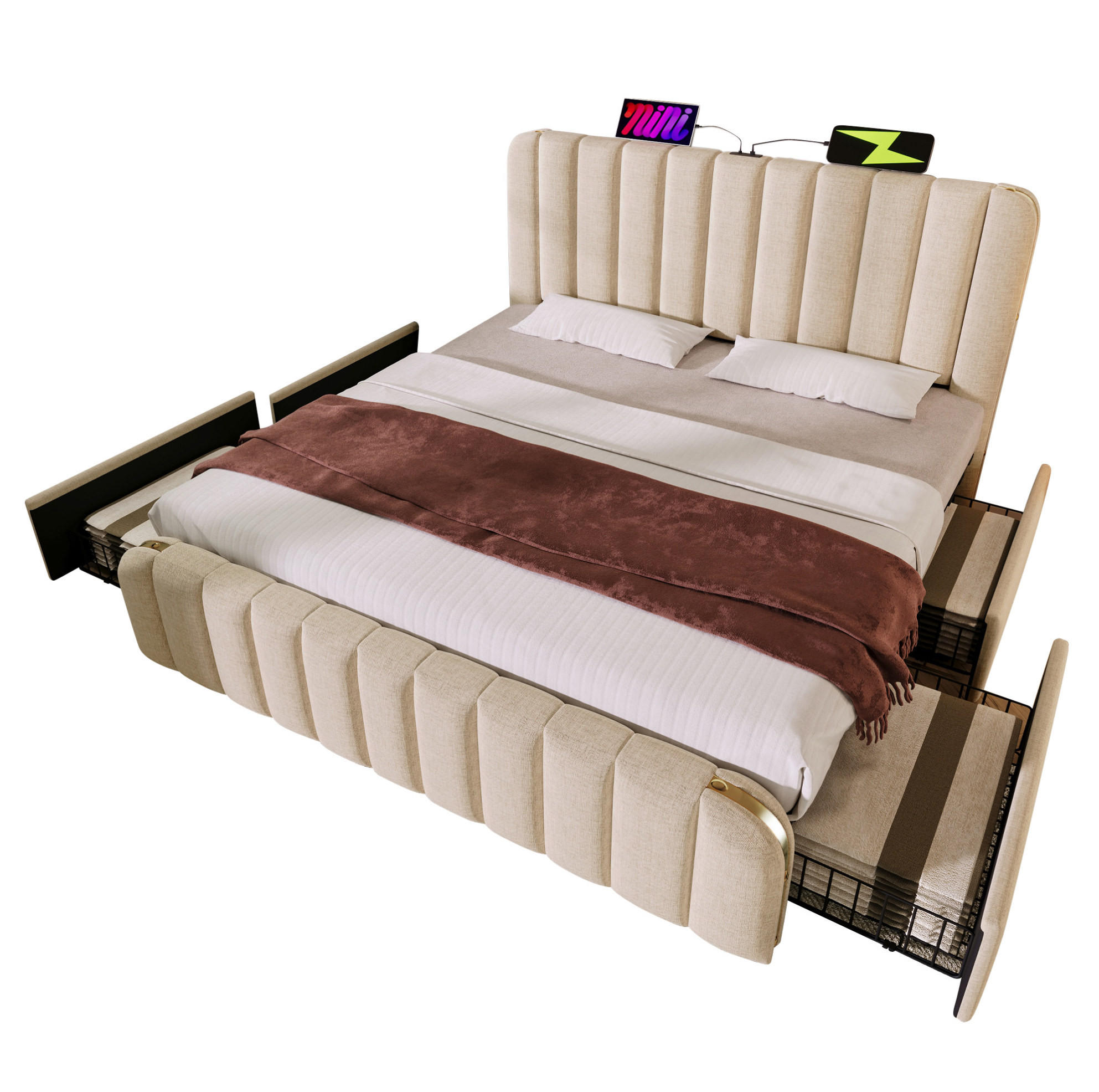 POLSTERBETT aus Leinen 160x200 cm in Beige mit USB- & Matratze - Beige, Textil (160/200cm) - Modfu