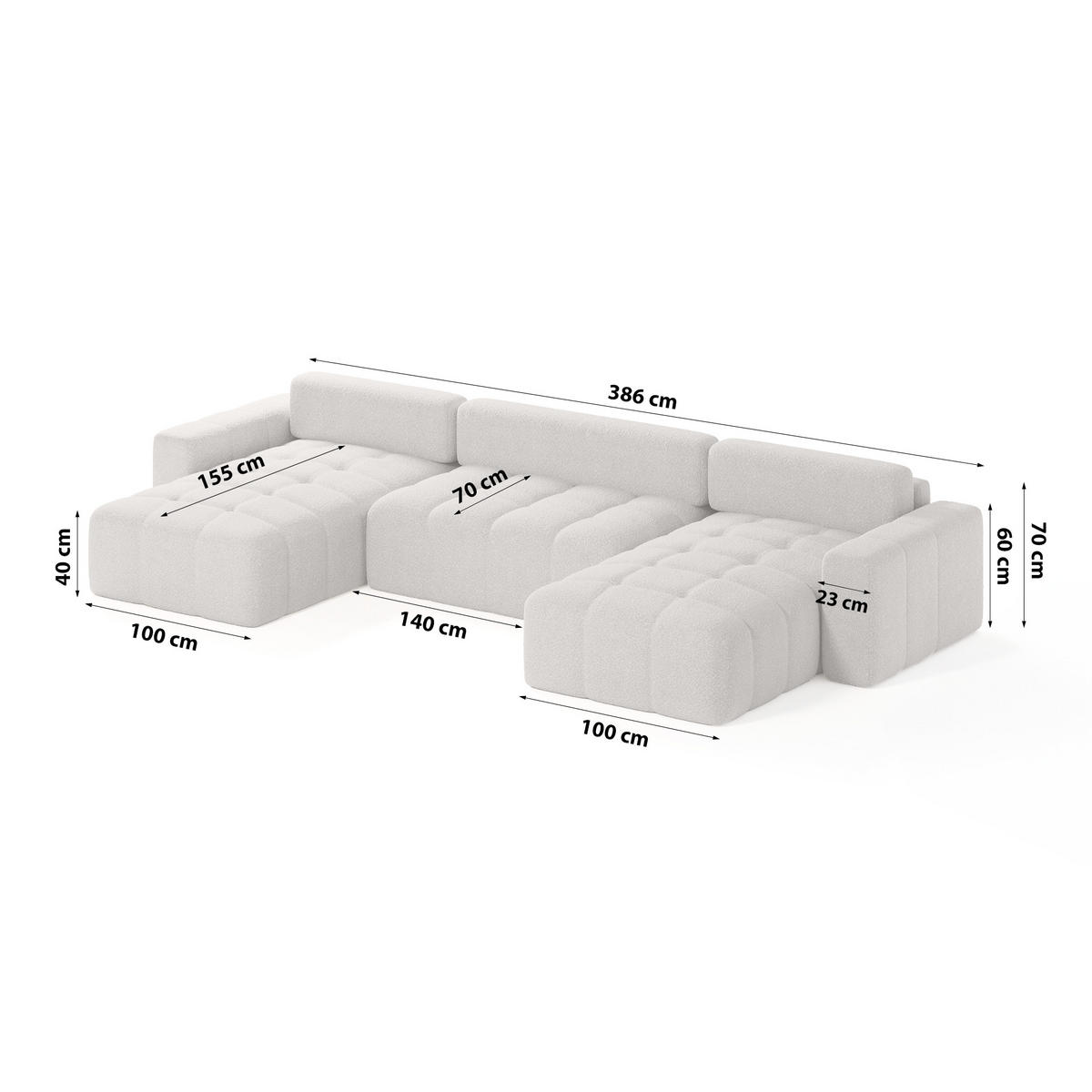 ECKSOFA Bouclé-Stoff 10 Sitzer Bornum U, Hellgrau - Hellgrau, Textil (386/70/155cm) - Meblito