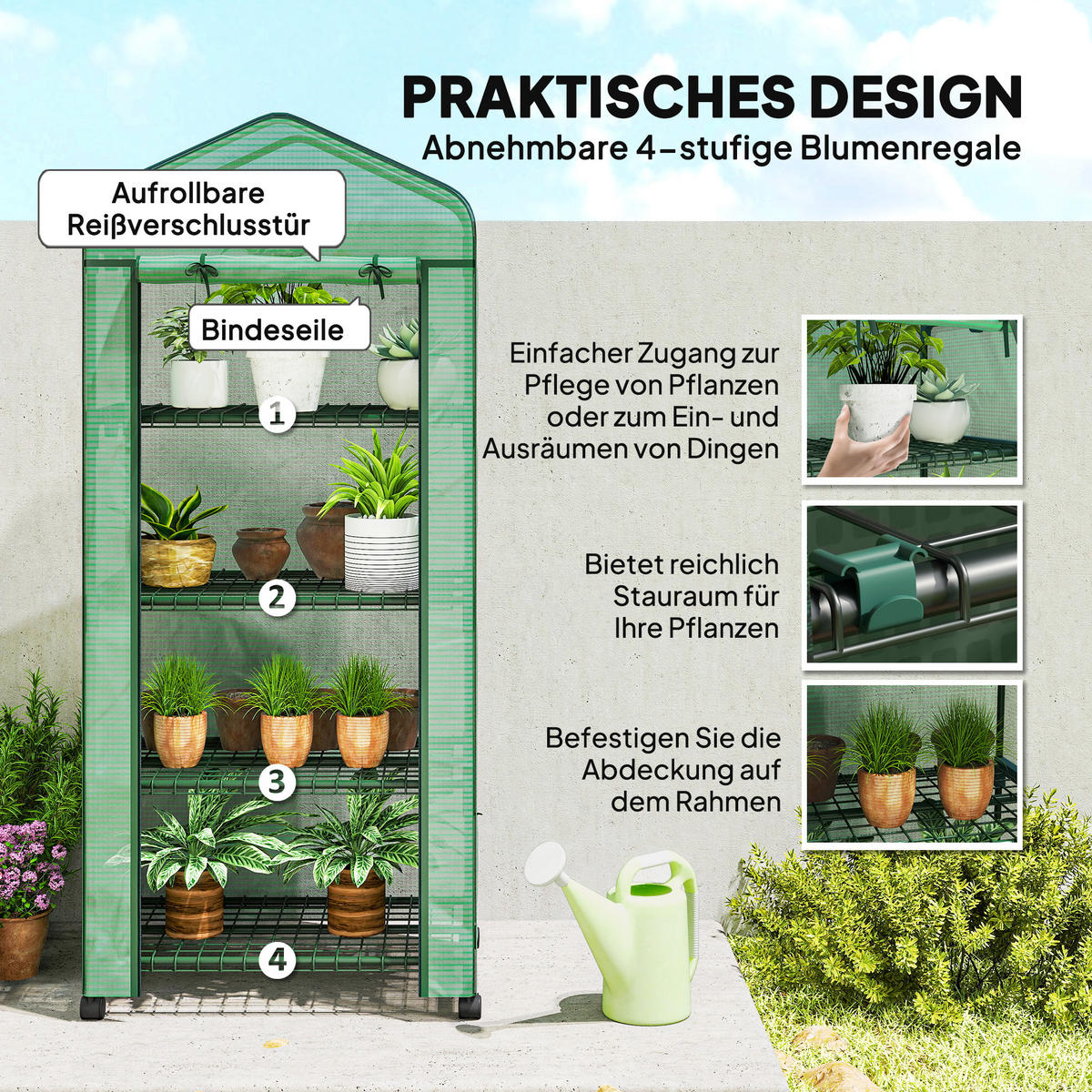 FOLIENGEWÄCHSHAUS, Stahl, Kunststoff, Grün - Grün, Metall (50/160/69cm) - Outsunny