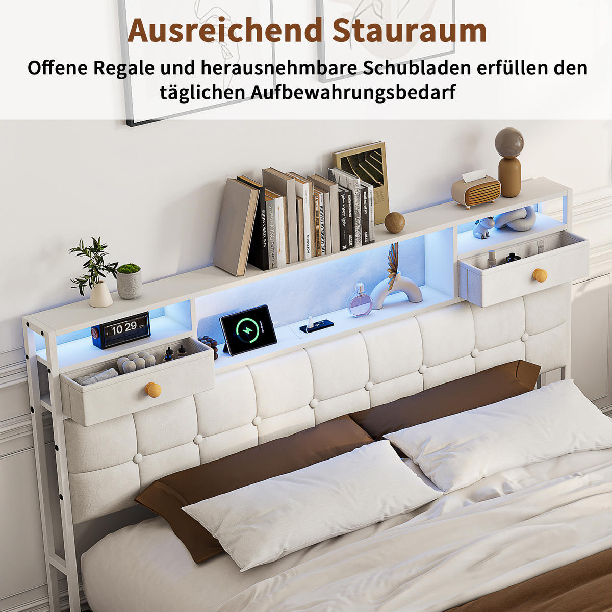 POLSTERBETT 160x200 cm mit 4 Schubladen, LED und USB-/Typ-C-Anschlüsse, Samt in Beige - Beige, Holz (160/200cm) - BRILVERDE