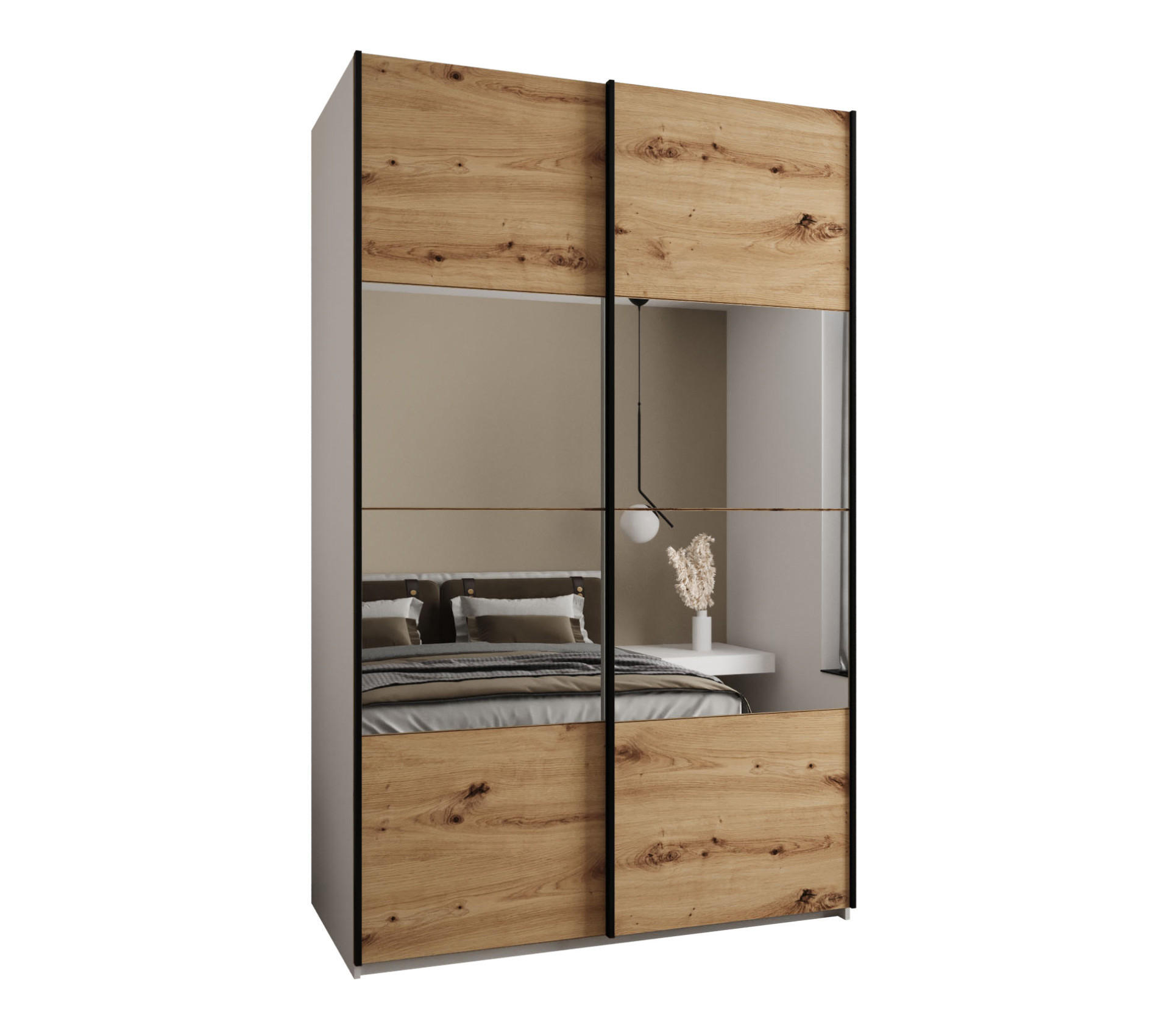 Abiks Möbel Schwebetürenschrank Weiß, Eiche Artisan, Schwarz 160x245x64 cm