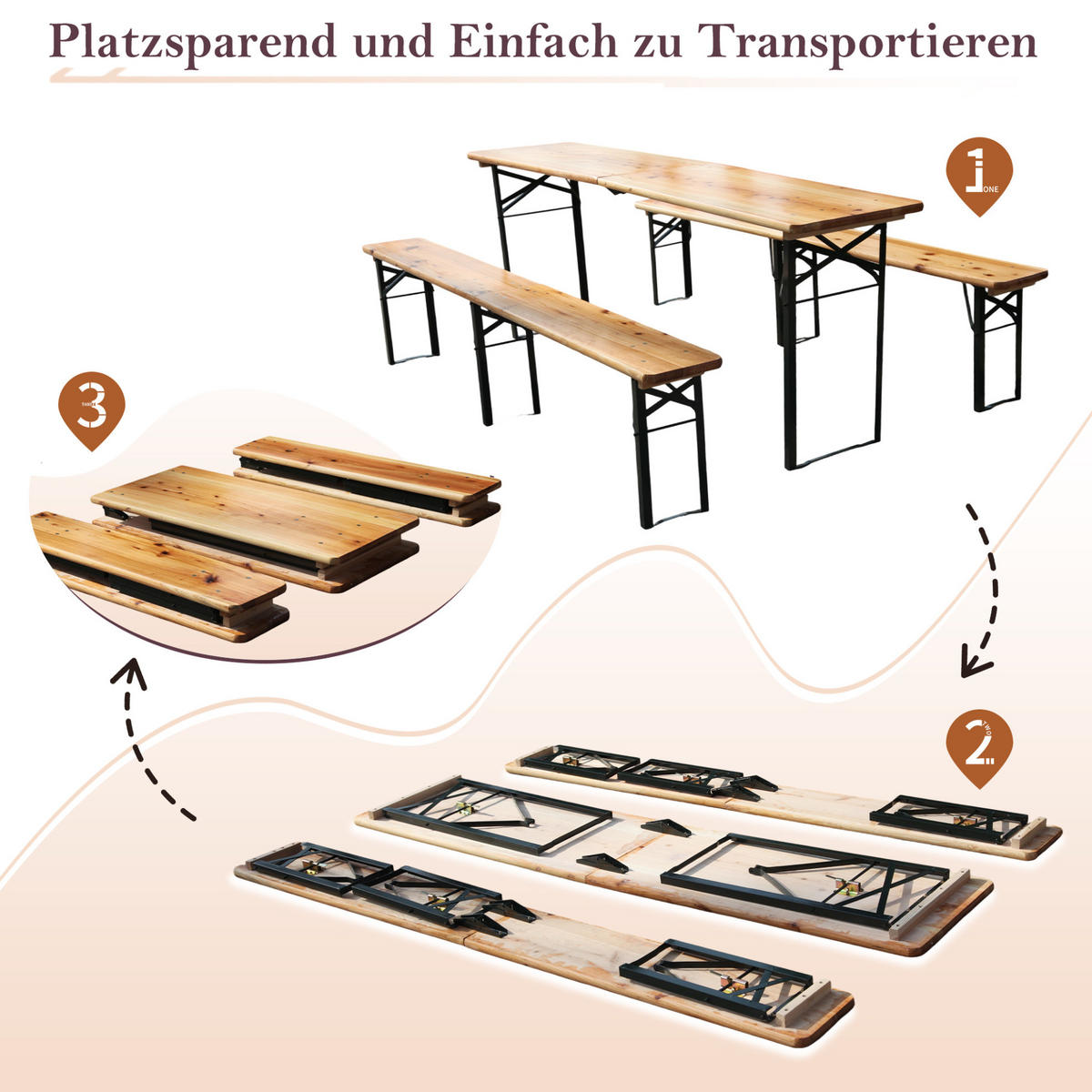 GARTENMÖBELSET aus Massives Holz und Metall 220 x 50 x 78 cm natur klappbar - Naturfarben, Metall - Modfu