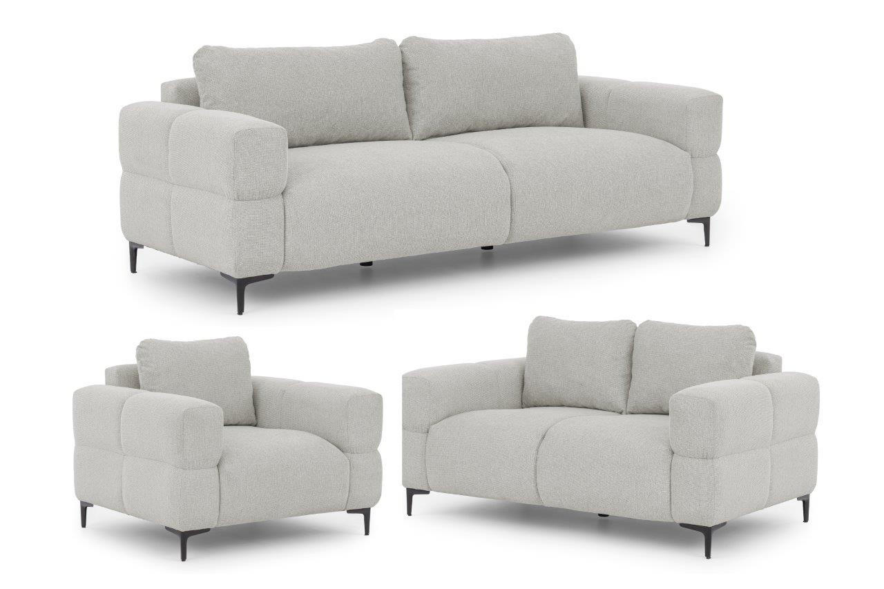 SITZGARNITUR 3+2+1 Cardea in Bubble-Optik aus weichem Hellgrau Strukturstoff mit hohem Sitzkomfort - Hellgrau/Schwarz, Holz/Textil (217/80/97cm) - S-Style Möbel