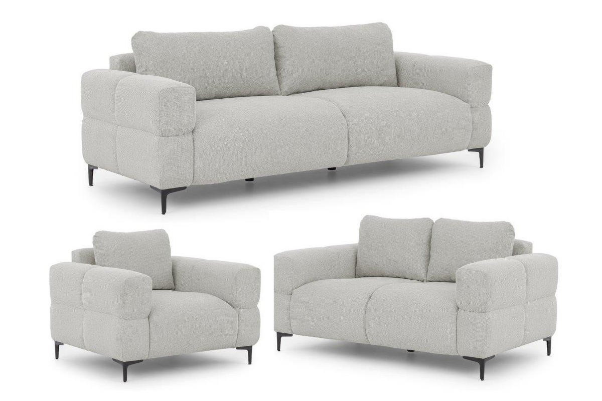 SITZGARNITUR 3+2+1 Cardea in Bubble-Optik aus weichem Hellgrau Strukturstoff mit hohem Sitzkomfort - Hellgrau/Schwarz, Holz/Textil (217/80/97cm) - S-Style Möbel