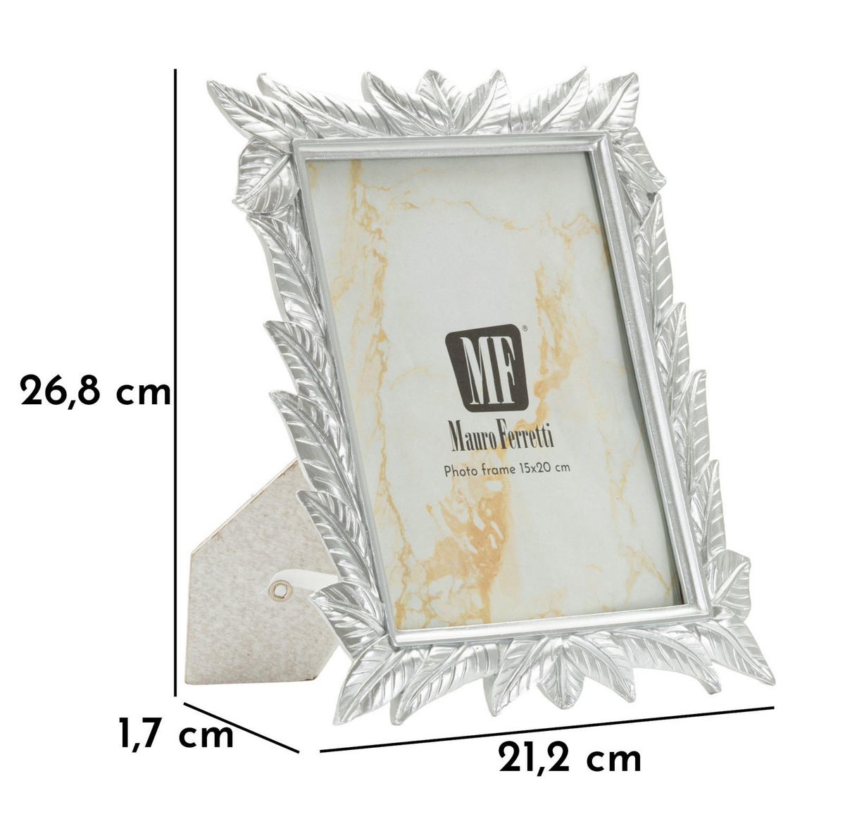 BILDERRAHMEN Leavy, Fotoformat 15 x 20 cm, silberfarben, Polyresin und Glas, Rahmen 21,2 x 1,7 x 26,8 cm - Silberfarben, Glas/Kunststoff (21.2/26.8/1.7cm) - Mauro Ferretti