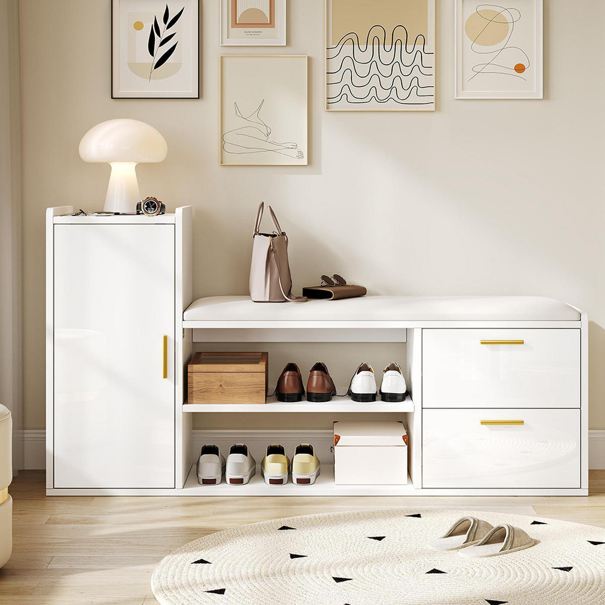 SCHUHBANK in 128x30x68cm mit 2 Schubladen 1 Schrank,Weiß - Weiß, Holzwerkstoff (30/68/128cm) - KOMHTOM