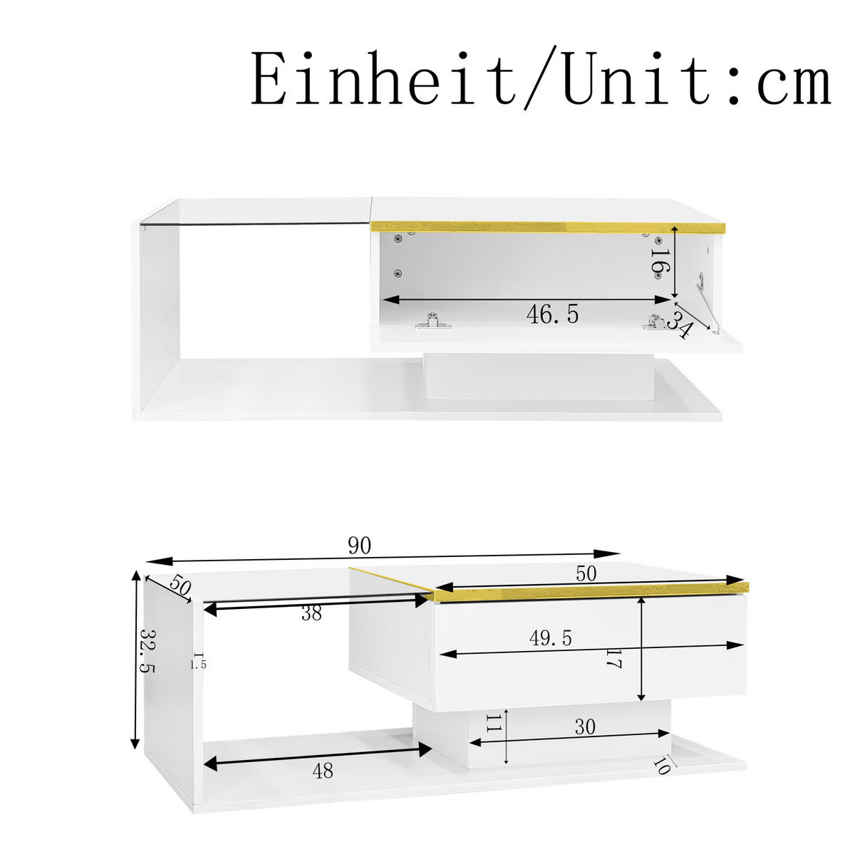 KONFERENČNÍ stolek, 90/50/32,5 cm bílý, se sklem a LED osvětlením - bílá, kompozitní dřevo (90/50/32.5cm) - BEAOK