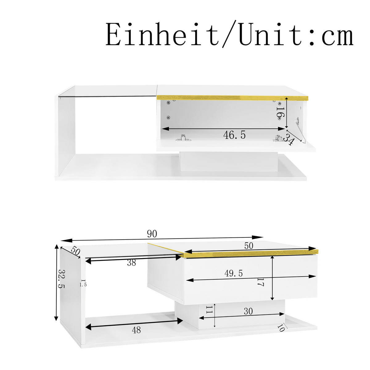 COUCHTISCH mit Stauraum 90x50 cm Weiß Hochglanz mit LED - Weiß, Holzwerkstoff (90/50/32.5cm) - Meubliv