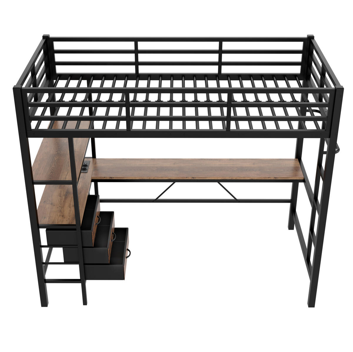 HOCHBETT 90/200 cm in Schwarz mit LED-Beleuchtung, Schreibtisch und Stauraum - Schwarz, Metall (90/200cm) - Flora Grace
