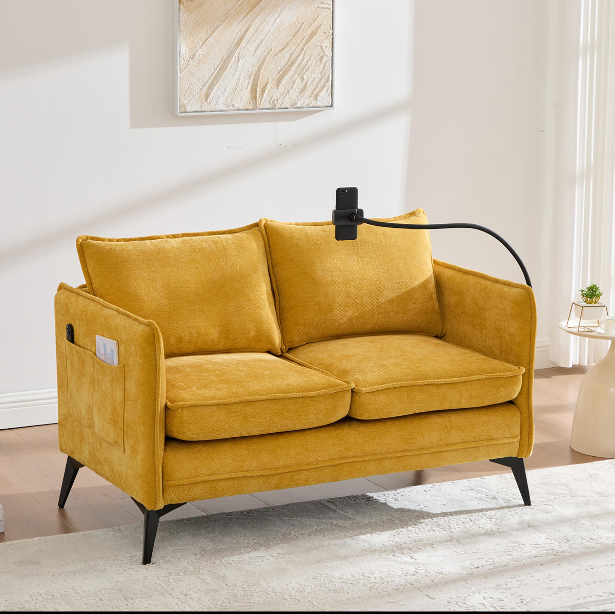 SOFA 2-Sitzer mit Handyhalterung und Ablagefächern Chenille Gelb 127/69/66 cm - Gelb, Textil (127/66/69cm) - OKWISH