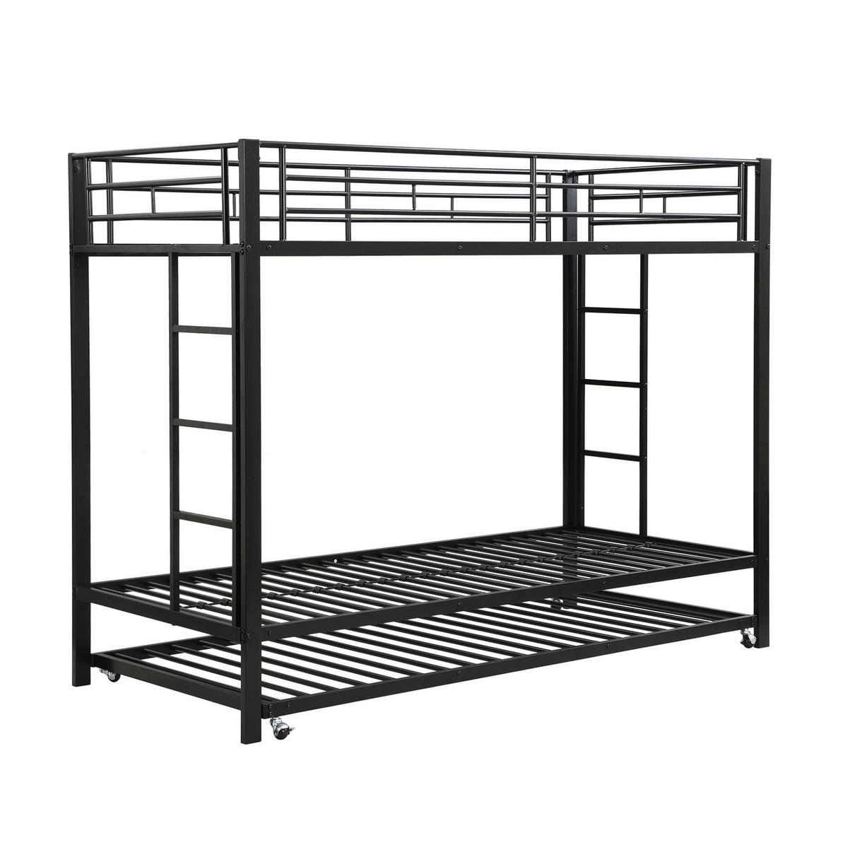 ETAGENBETT aus Metall 90x200 cm Schwarz mit Ausziehbett und hohem Sicherheitsgeländer, EN747-konform - Schwarz, Metall (90/200cm) - Modfu