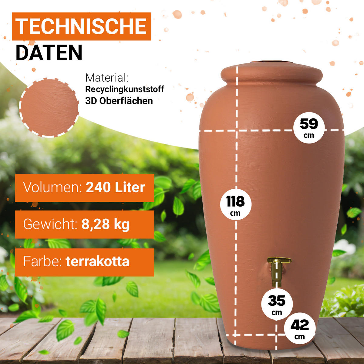 AMPHORE Regentonnen Komplett-Set 240 L kotta - Terracotta, Kunststoff (59/118/59cm) - GARANTIA