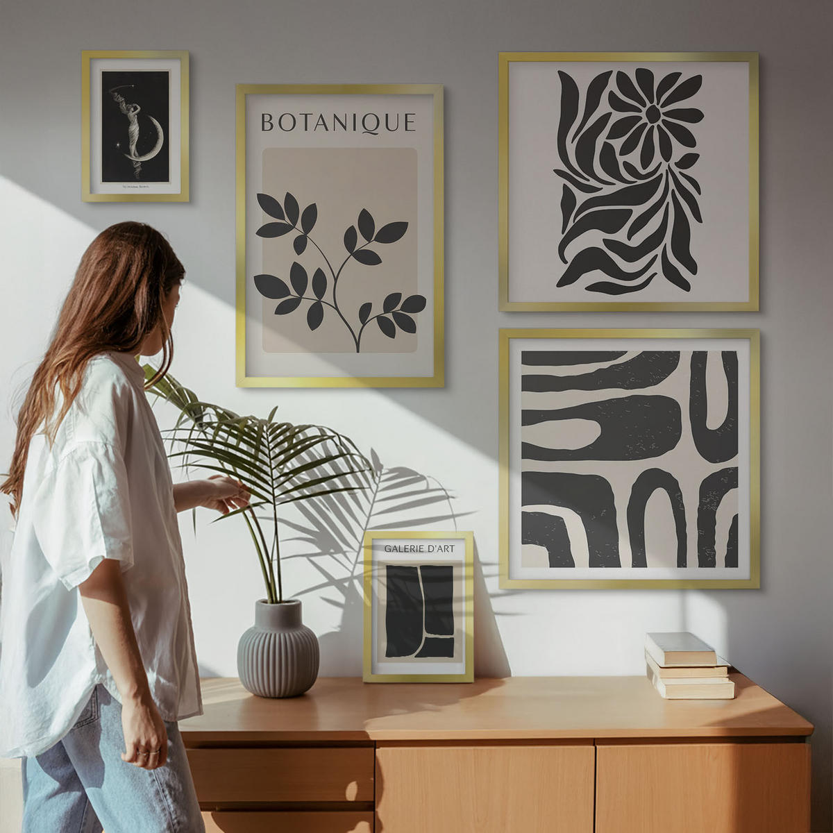 WANDBILDER 5er Set - 50x50 cm & 20x30 cm & 40x60 cm Goldrahmen - Abstrakte Pflanzenmuster - Goldfarben, Kunststoff (40/60cm) - ArtPrintCave