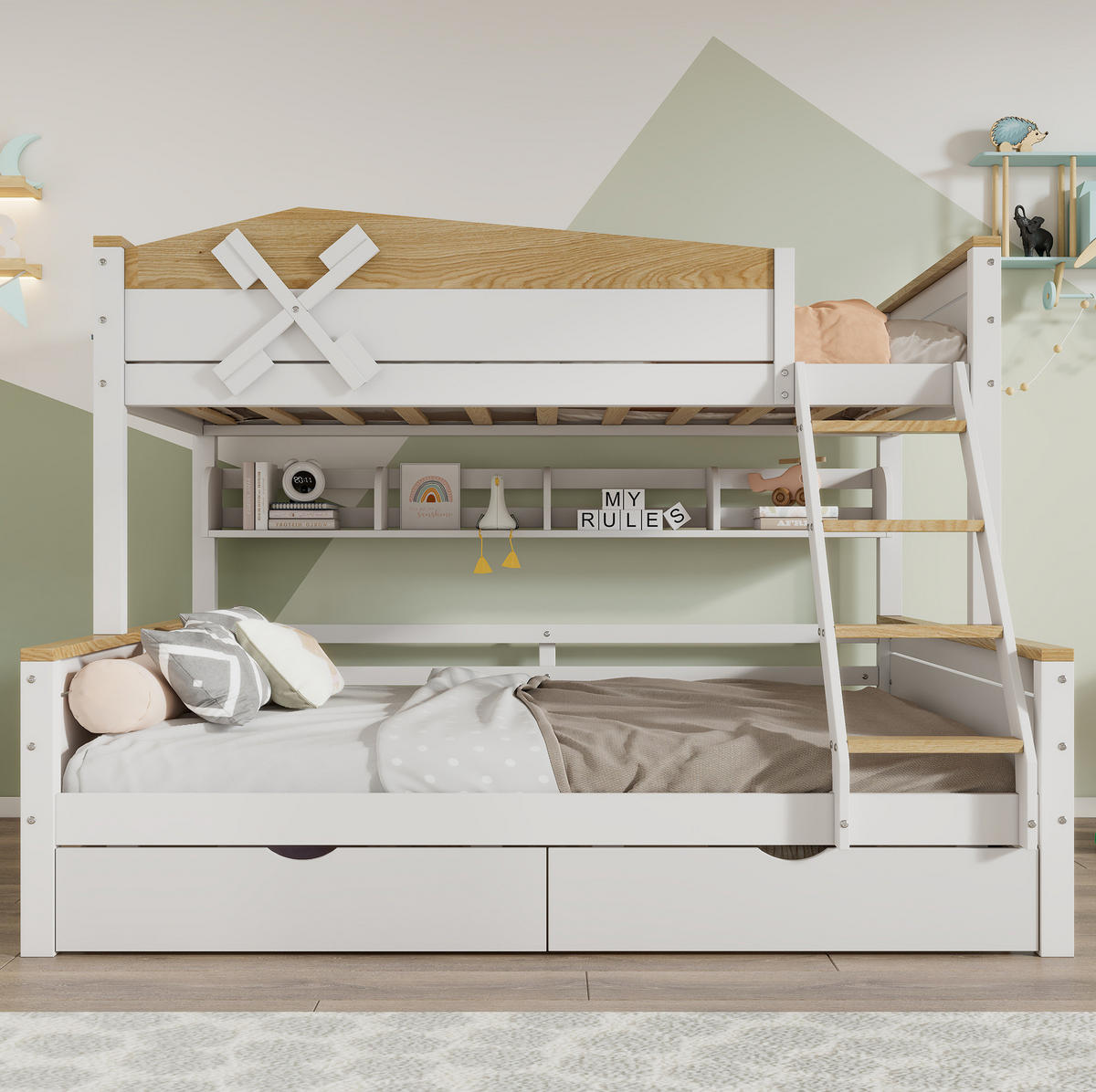 ETAGENBETT 90/200 cm & 140/200 cm mit Regalen, Schubladen und Windmühlen-Design, Weiß/Natur - Weiß, Holzwerkstoff (90/200cm) - Redom