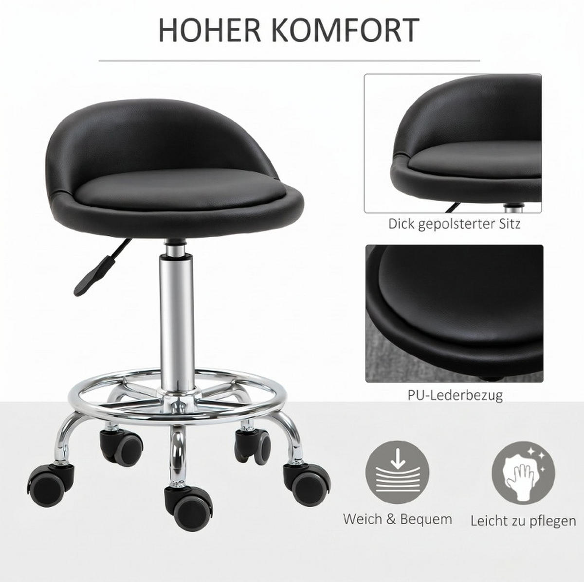ROLLHOCKER im 2er-Set in Schwarz 38x38x72 cm, höhenverstellbar von 57 bis 72 cm - Schwarz, Kunststoff (38/72/38cm) - IVMEU