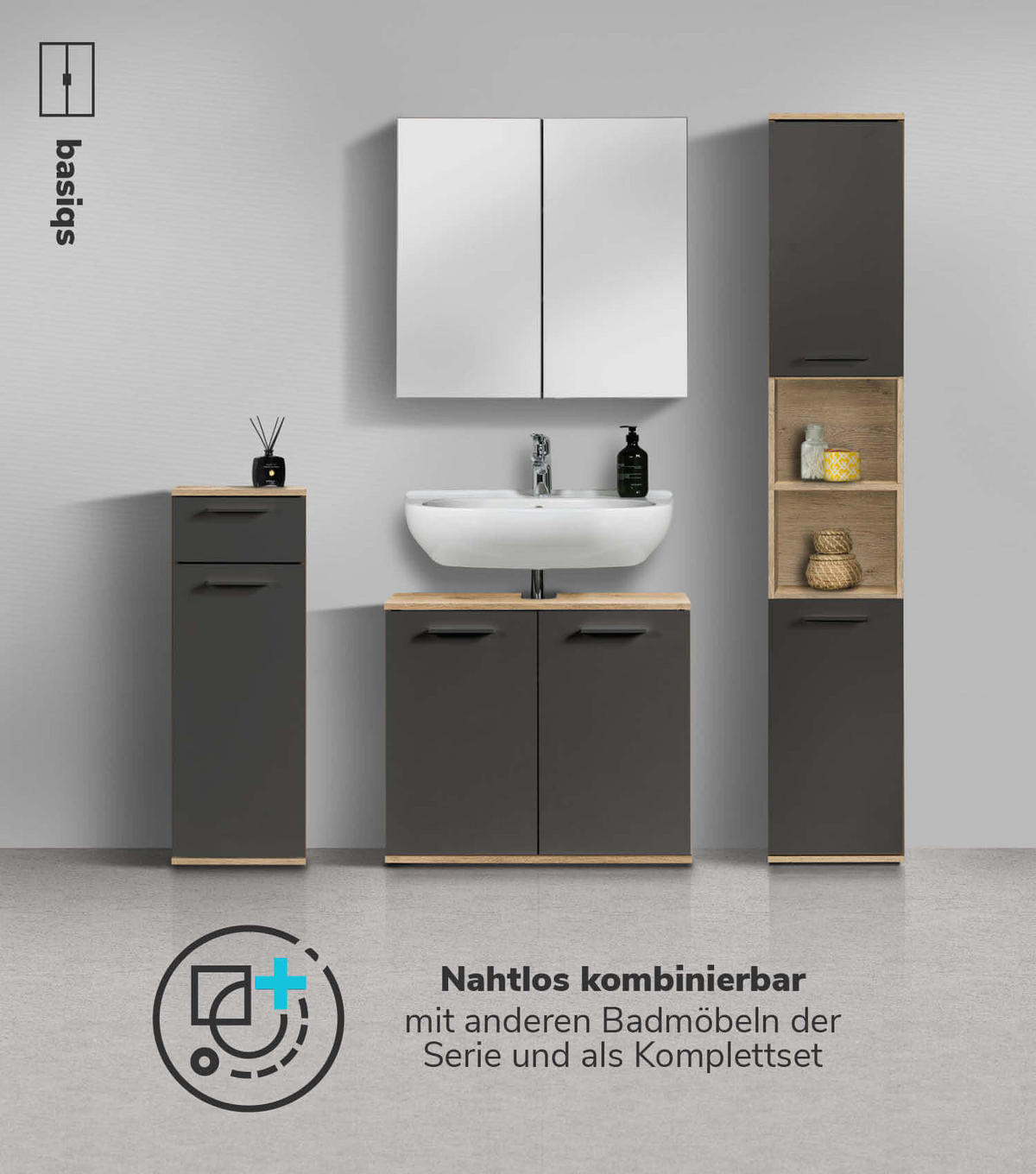 BAD HOCHSCHRANK Der Kapitän - Anthrazit, Holzwerkstoff (33/180/34cm) - Mokebo