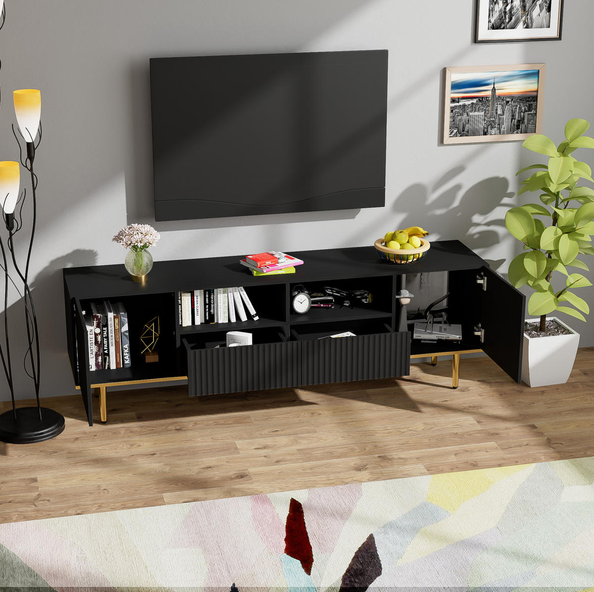 TV-SCHRANK 165/36/55 cm schwarz Akazie mit goldenen Füßen und grifflosen Türen - Schwarz, Holzwerkstoff (165/55/36cm) - OKWISH
