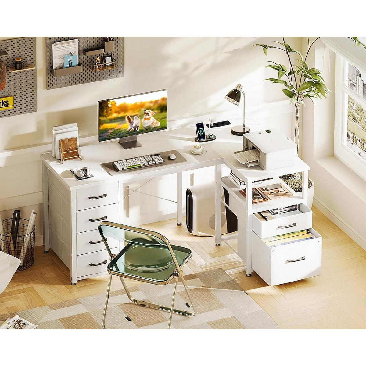 ECKSCHREIBTISCH L-Form Weiß 140x70cm mit USB-Anschluss und Stoffschubladen - Weiß, Holzwerkstoff (140/70/75.2cm)