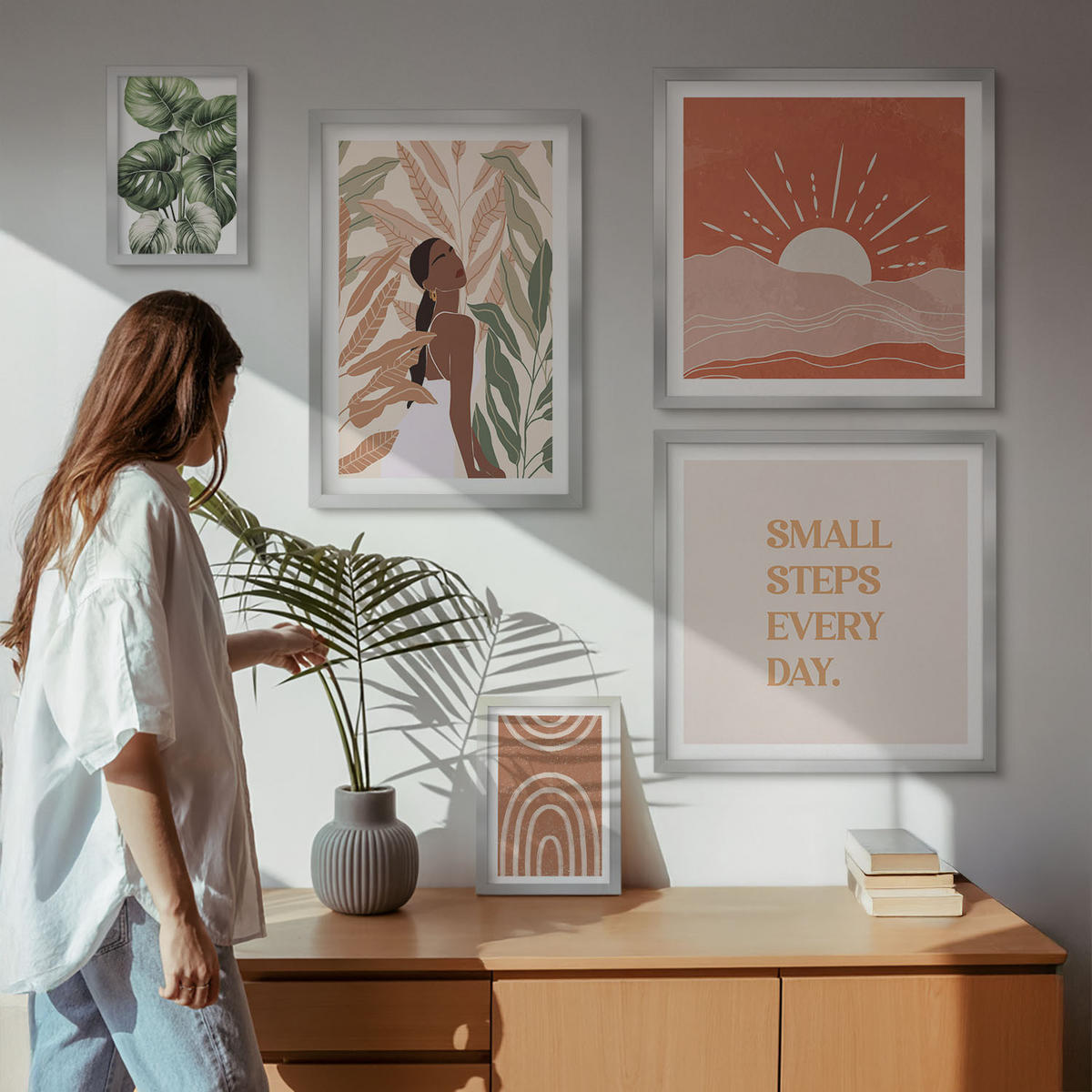 WANDBILDER 5er Set - 50x50 cm & 20x30 cm & 40x60 cm Silberner Rahmen - abstrakte Formen im Boho-Stil - Silberfarben, Kunststoff (40/60cm) - ArtPrintCave