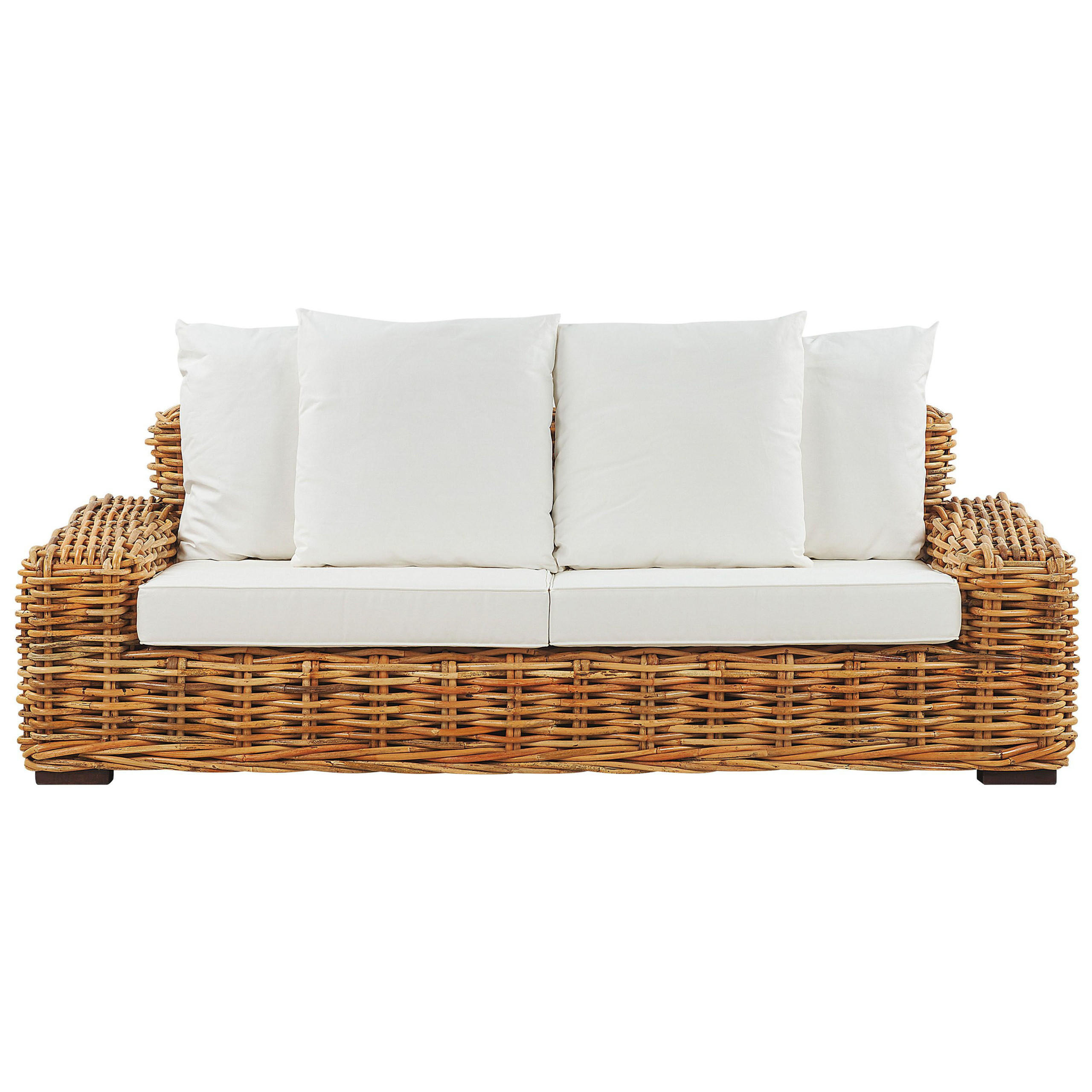 GARTENSOFA 3-Sitzer Rattan natürlich Auflagen cremeweiß Forli - Beige/Naturfarben, Naturmaterialen (218/67/94cm) - Beliani