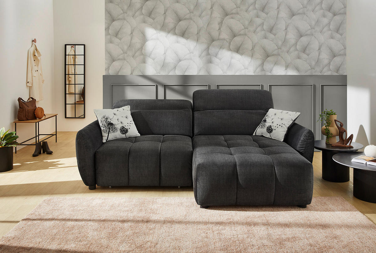 ECKSOFA mit elektrische Sitztiefenverstellung, Kopflehnen verstellbar, USB-C und -A Ladefunktion B260/T191/H106 cm, Velours Anthrazit Schwarz / 15406 - Anthrazit/Multicolor, Kunststoff/Textil (260/191cm) - luma-home