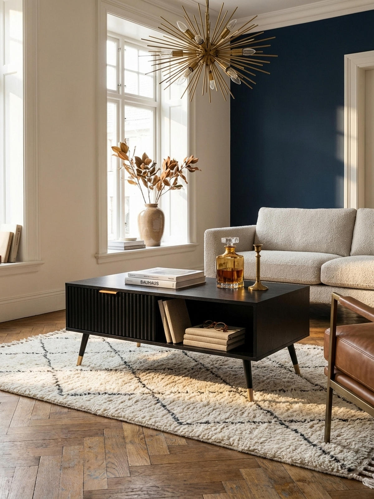 COUCHTISCH Schwarz Eiche-Dekor mit Stauraum 110x60x43 cm Metallbeine - Goldfarben/Schwarz, Holzwerkstoff/Metall (60/110/43cm) - KADIMA DESIGN