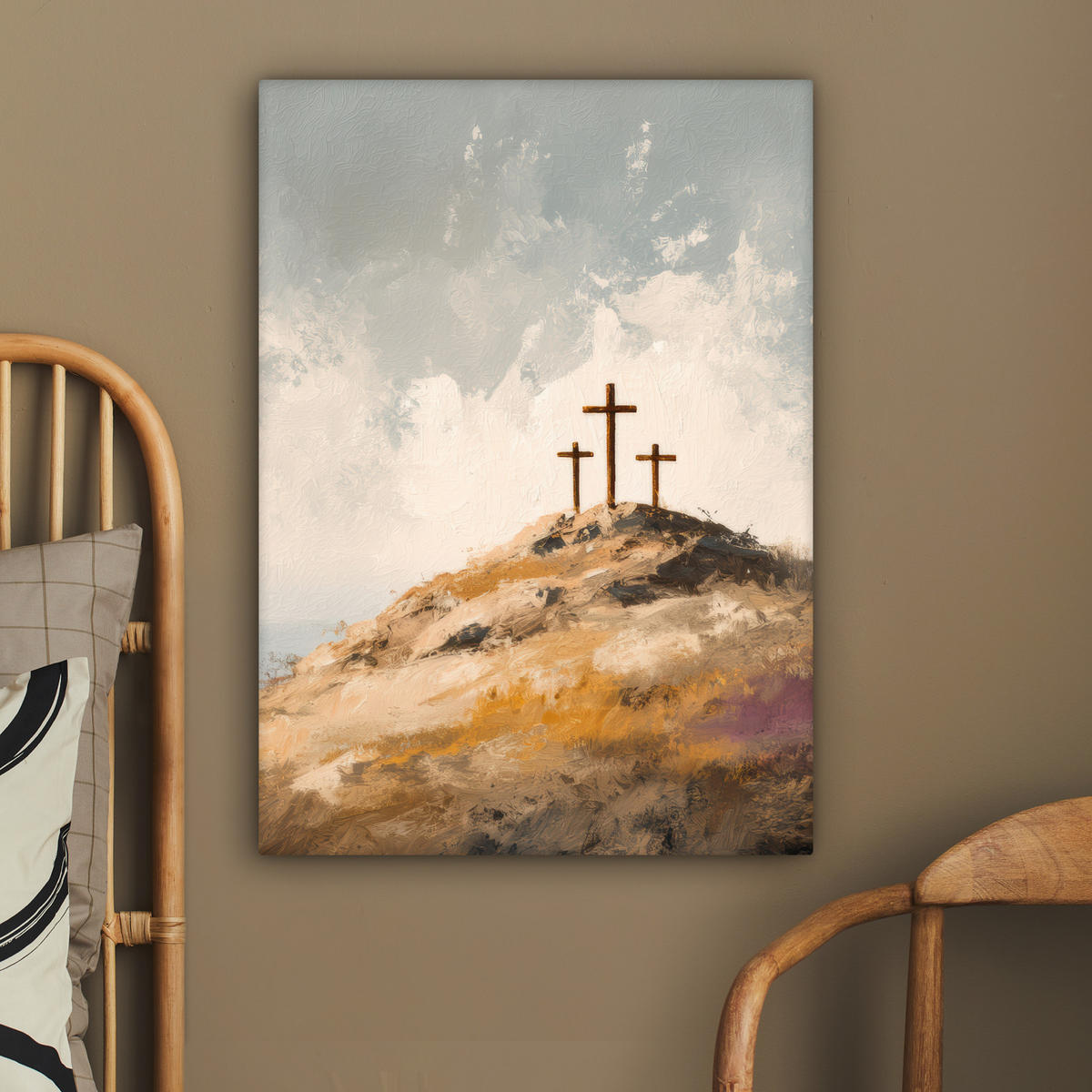 LEINWANDBILD Hügel - Abstrakt - Christentum - Kreuz Wandbild Wohnzimmer 60x80 cm - Hellgrau, Textil (60/80cm) - MuchoWow