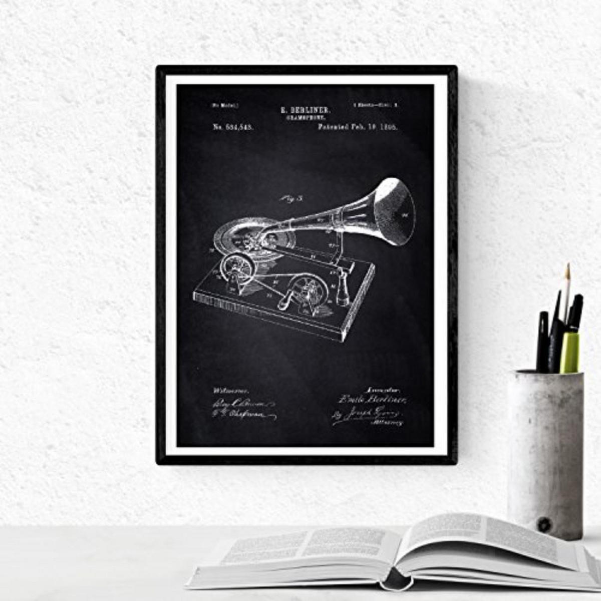 POSTER Set mit 4 Schwarz Patent für Musikinstrumente A4 Schwarzer Rahmen - Schwarz, Papier (29.7/3cm) - Nacnic