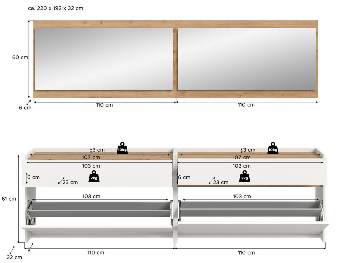 GARDEROBEN-SET DRIVE 4-tlg. (B/H/T: ca. 220/192/32 cm) in Weiß/weiß - Weiß, Holzwerkstoff (220/192/32cm)