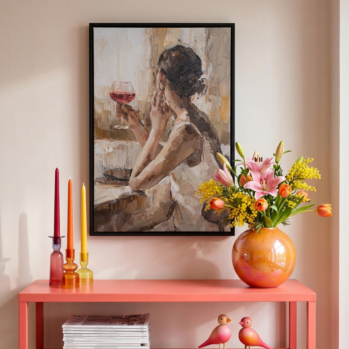 LEINWAND Bilder mit Rahmen - Ölgemälde - Frau - Wein - 40x60 - Hellbraun, Textil (40/60cm) - MuchoWow