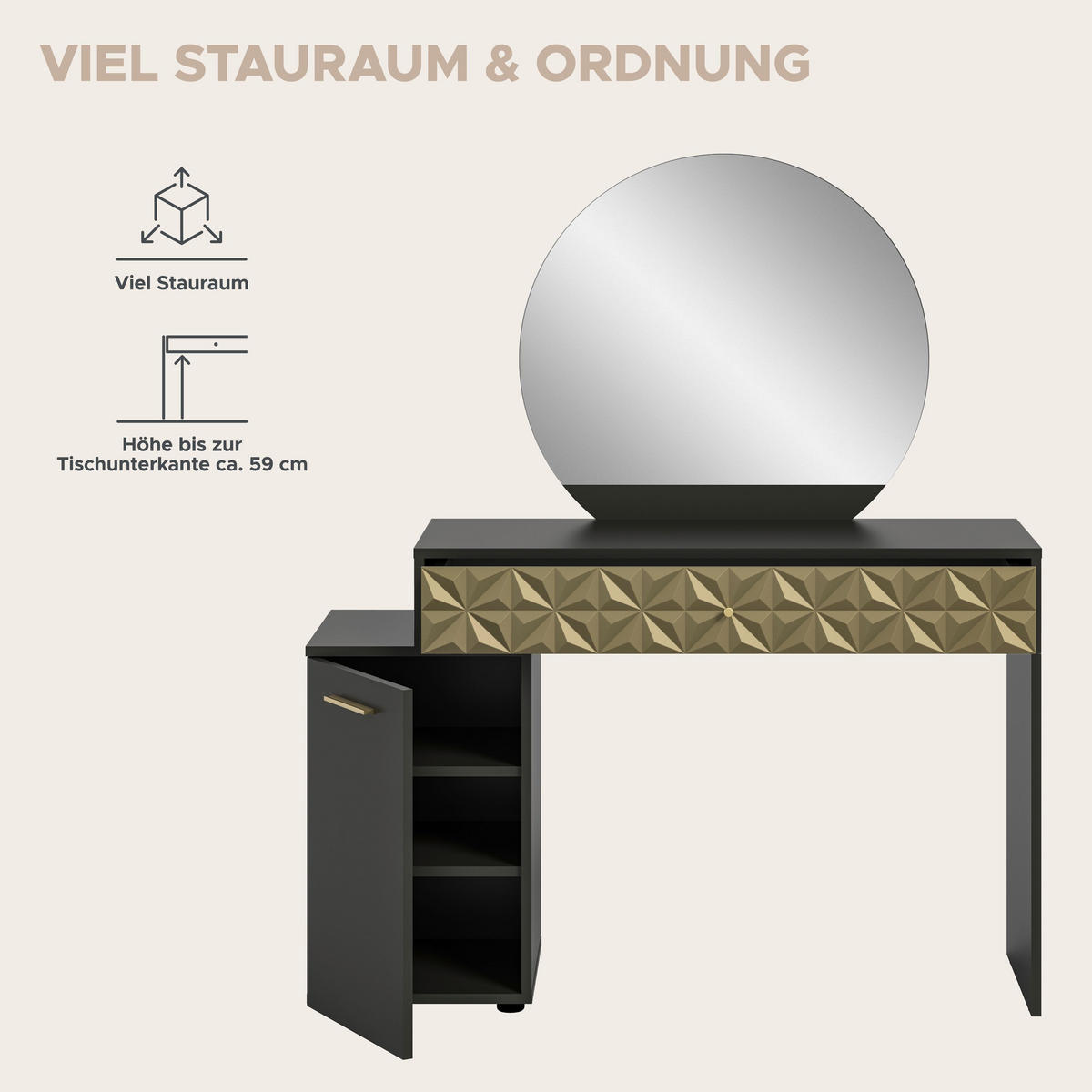 SCHMINKTISCH Prisma Schminktisch in schwarz Melamin und gold hochglanz B/H/T: 117x137x42 cm - Schwarz, Holzwerkstoff (117/138/42cm)