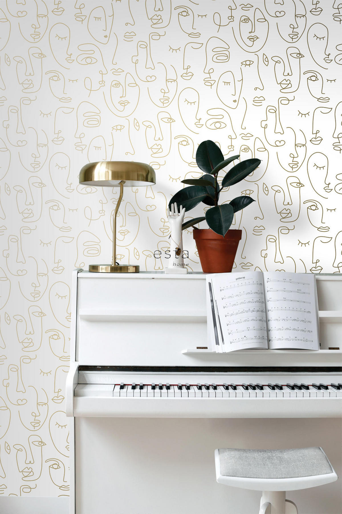 TAPETE Line Art Gesichter 53 cm x 10.05 m - Goldfarben, Papier (53/1000cm) - ESTAhome