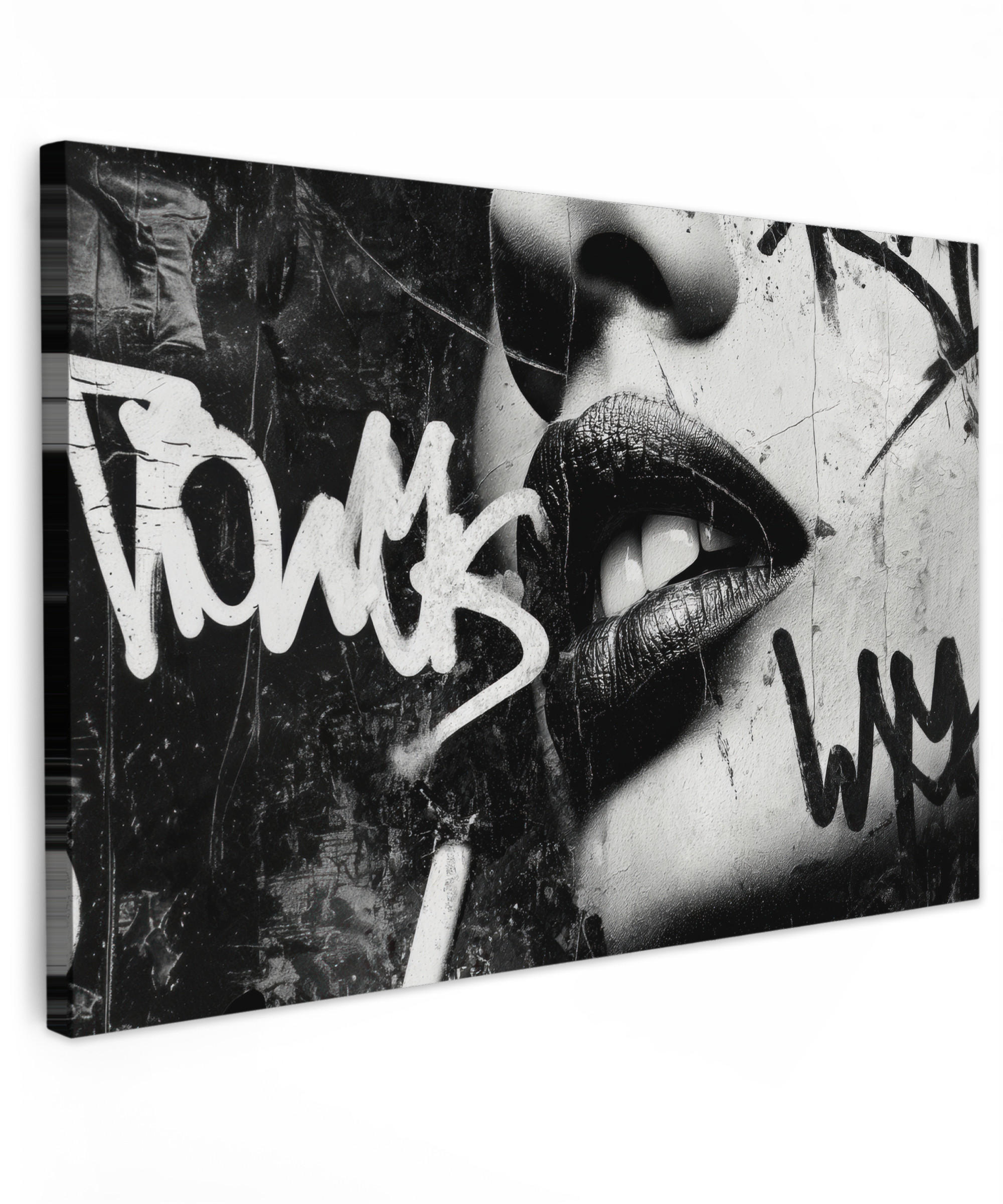 LEINWANDBILD Gesicht - Mund - Graffiti - Schwarz Wohnzimmer Groß 120x80 cm - Schwarz, Textil (120/80cm) - MuchoWow