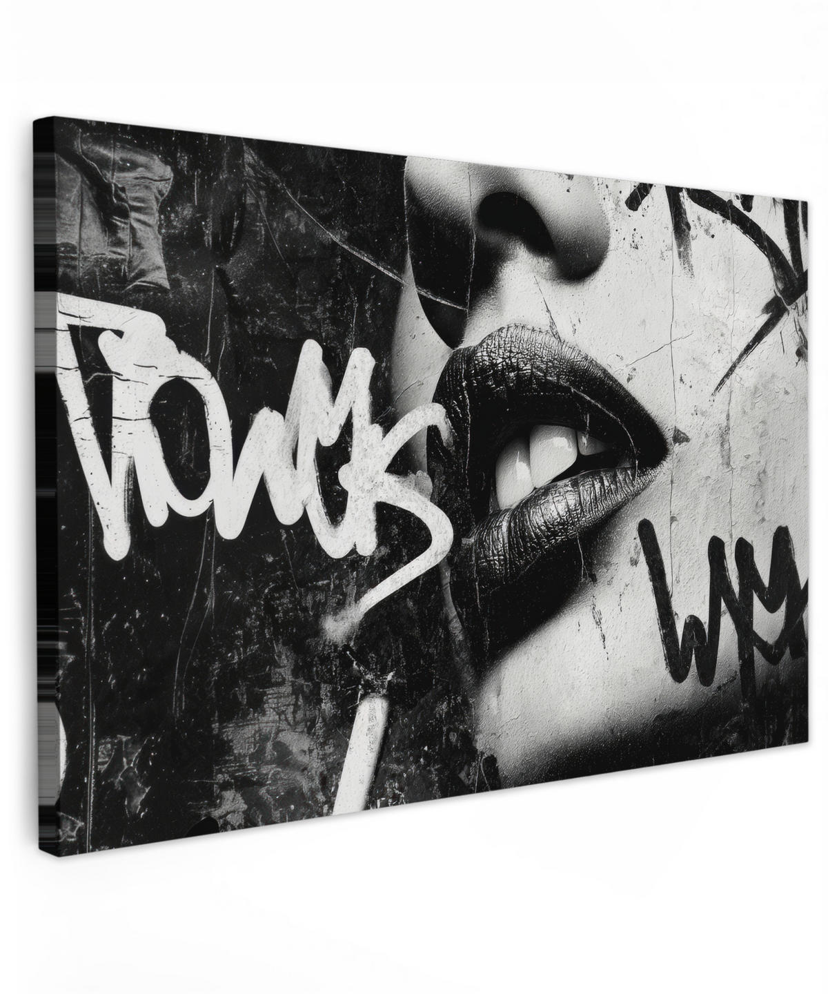 LEINWANDBILD Gesicht - Mund - Graffiti - Schwarz Wohnzimmer Groß 120x80 cm - Schwarz, Textil (120/80cm) - MuchoWow