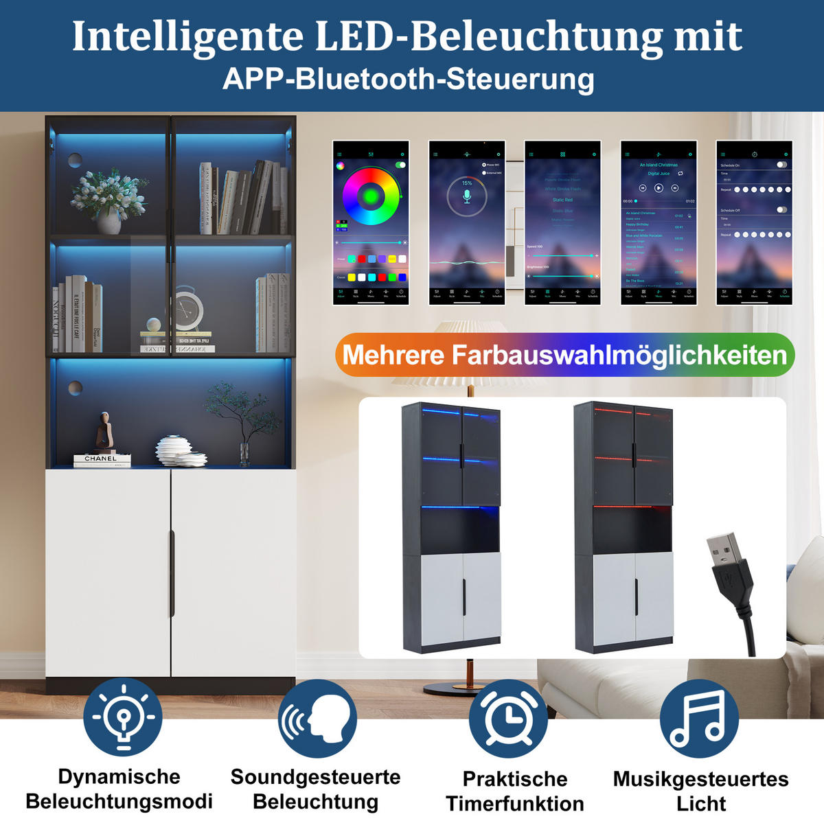 VITRINE aus Spanplatte 160x30x200 cm Weiß mit schwarzer Dekorleiste, LED-Beleuchtung, Glastüren und verstellbarem Einlegeboden - Weiß, Holzwerkstoff (30/200/160cm) - Modfu