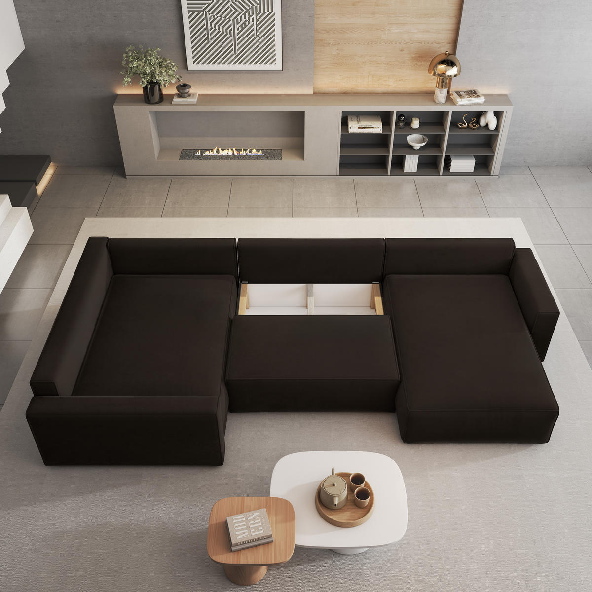 WOHNLANDSCHAFT VELAMI L-S Braun Velours-Stoff mit Schlaffunktion - Braun, Holz (365/83/194cm) - MASSENO