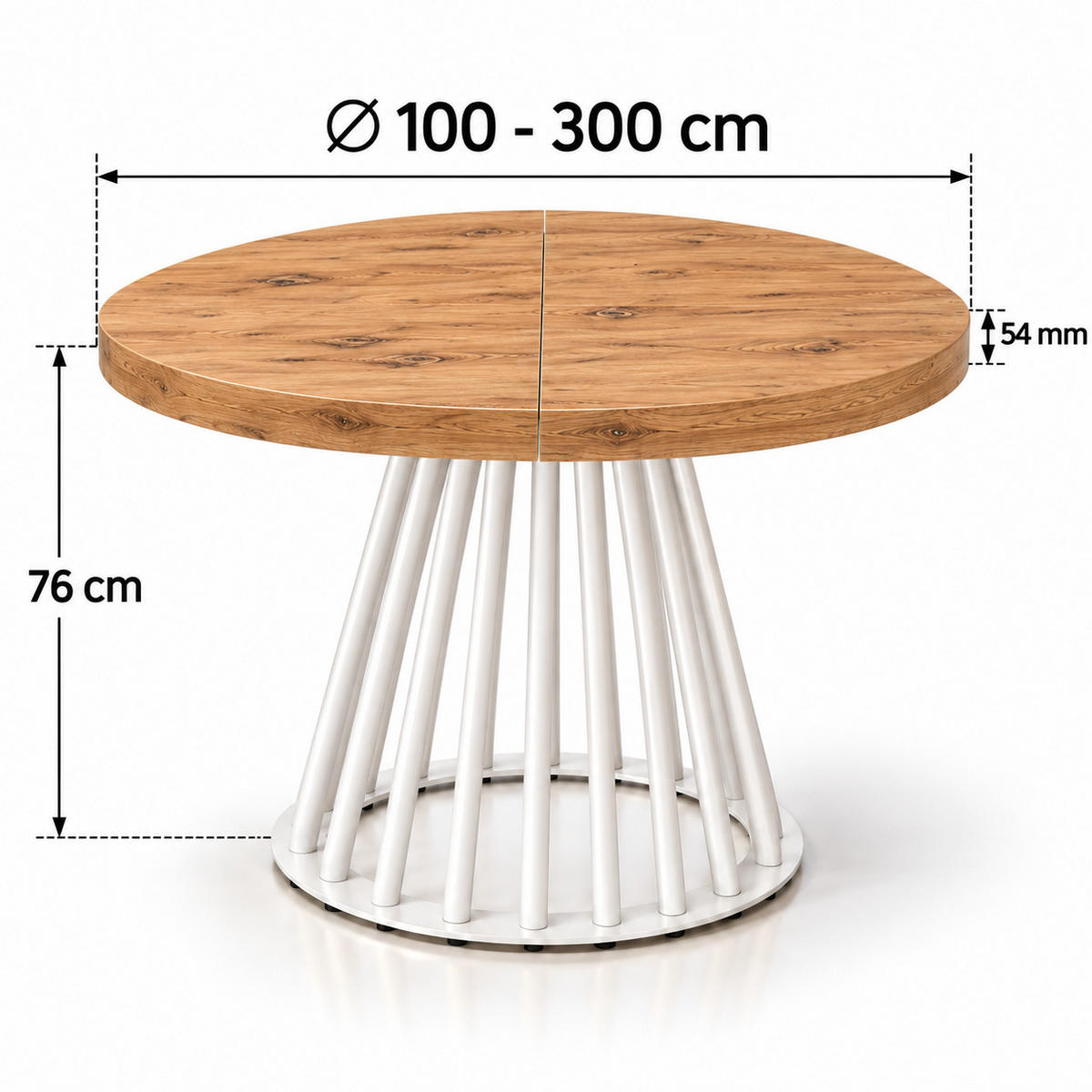 ESSTISCHRUND ausziehbar 100/300/76 cm, Eiche Craft, 54 cm Tischplatte + Lamellen-Metallgestell Weiß - Eichefarben/Weiß, Holzwerkstoff/Metall (100/300/76cm) - Damale Möbel