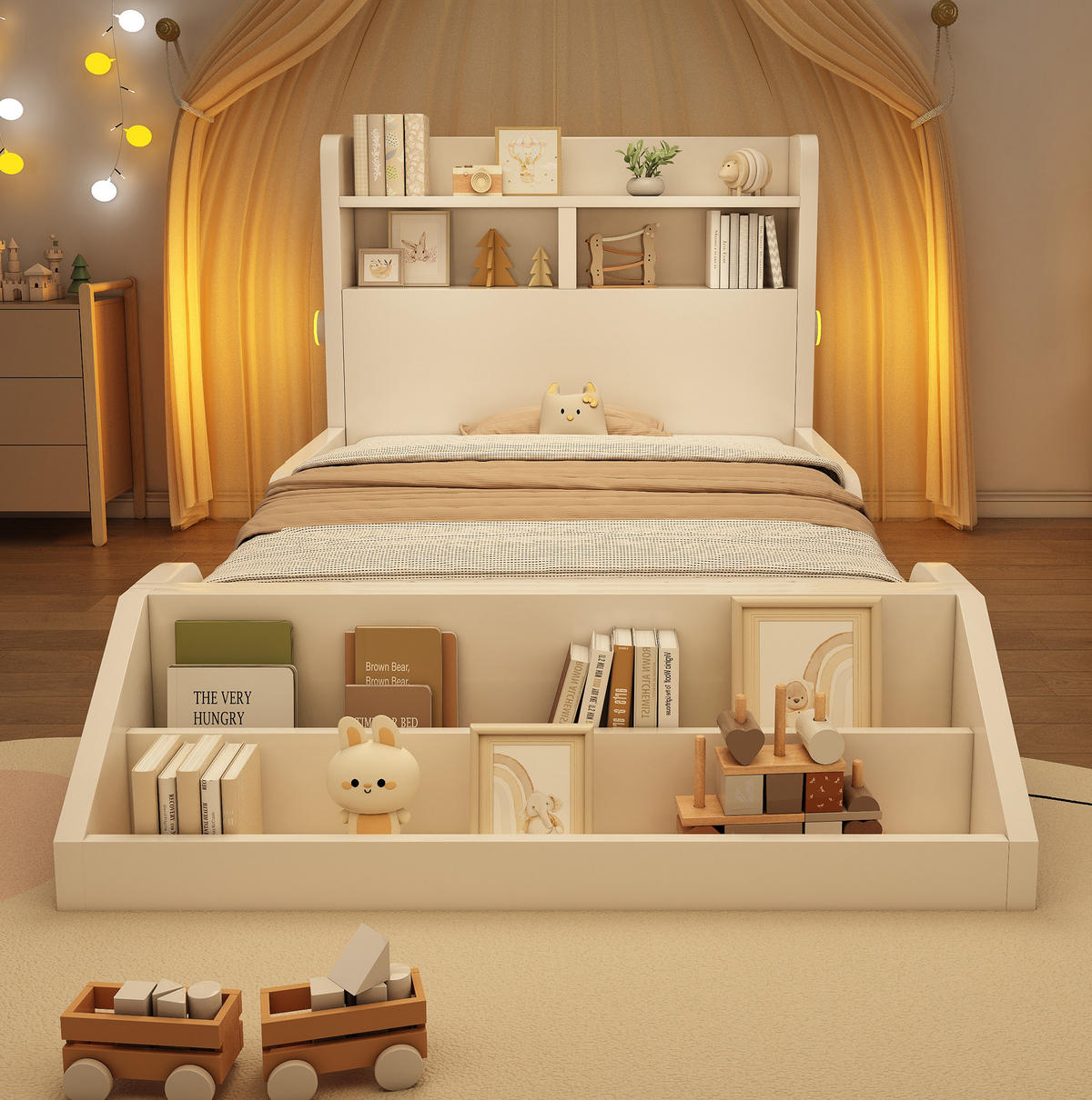 KINDEREINZELBETTEN aus Holz 90x200 cm in Weiß mit Nachtlichtern & Bücherregal - Weiß, Holz (90/200cm) - Modfu