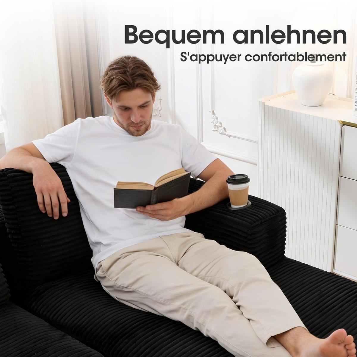 ECKSOFA Cord Schwarz mit 3 Kissen und 2 Becherhaltern - Schwarz, Textil (265/176cm) - WISHDOR