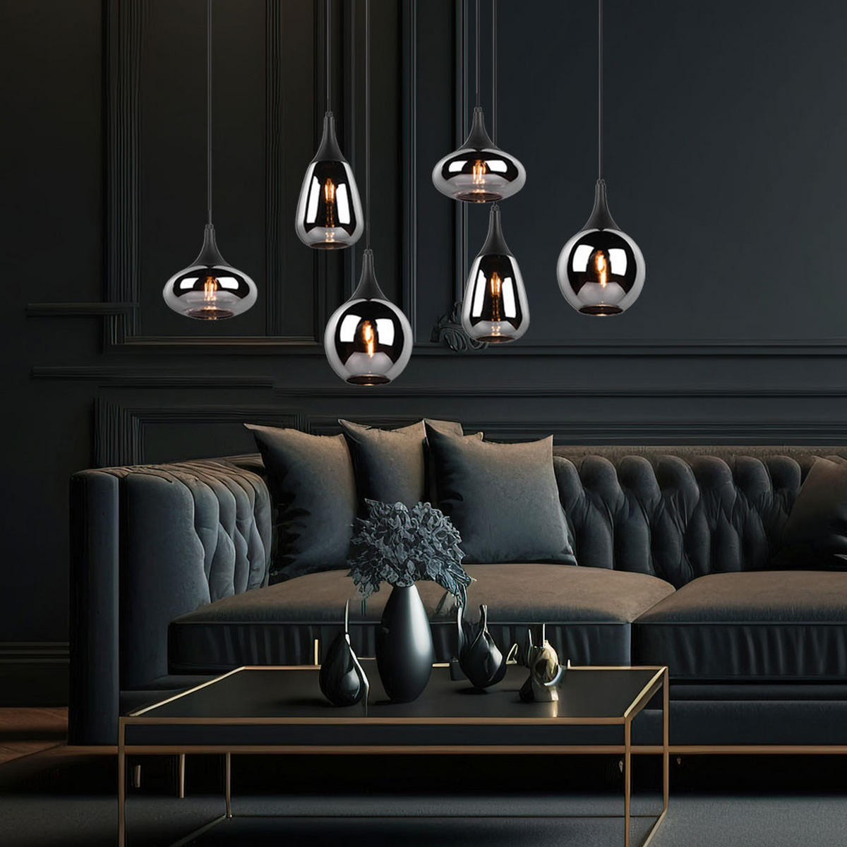 HÄNGELEUCHTE Metall Schwarz Glas Chrom 6-flammig - Schwarz, Glas (93/34/150cm)