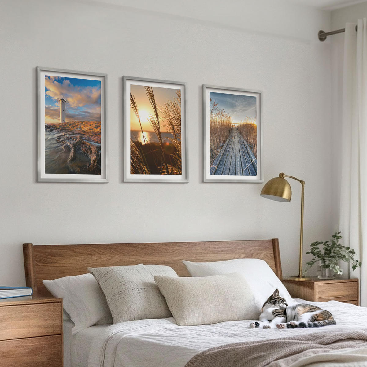 BILDER SET 3er Set - 40x60 cm Silberner Rahmen - Leuchtturm-Grassteg - Silberfarben, Kunststoff (40/60cm) - TULUP