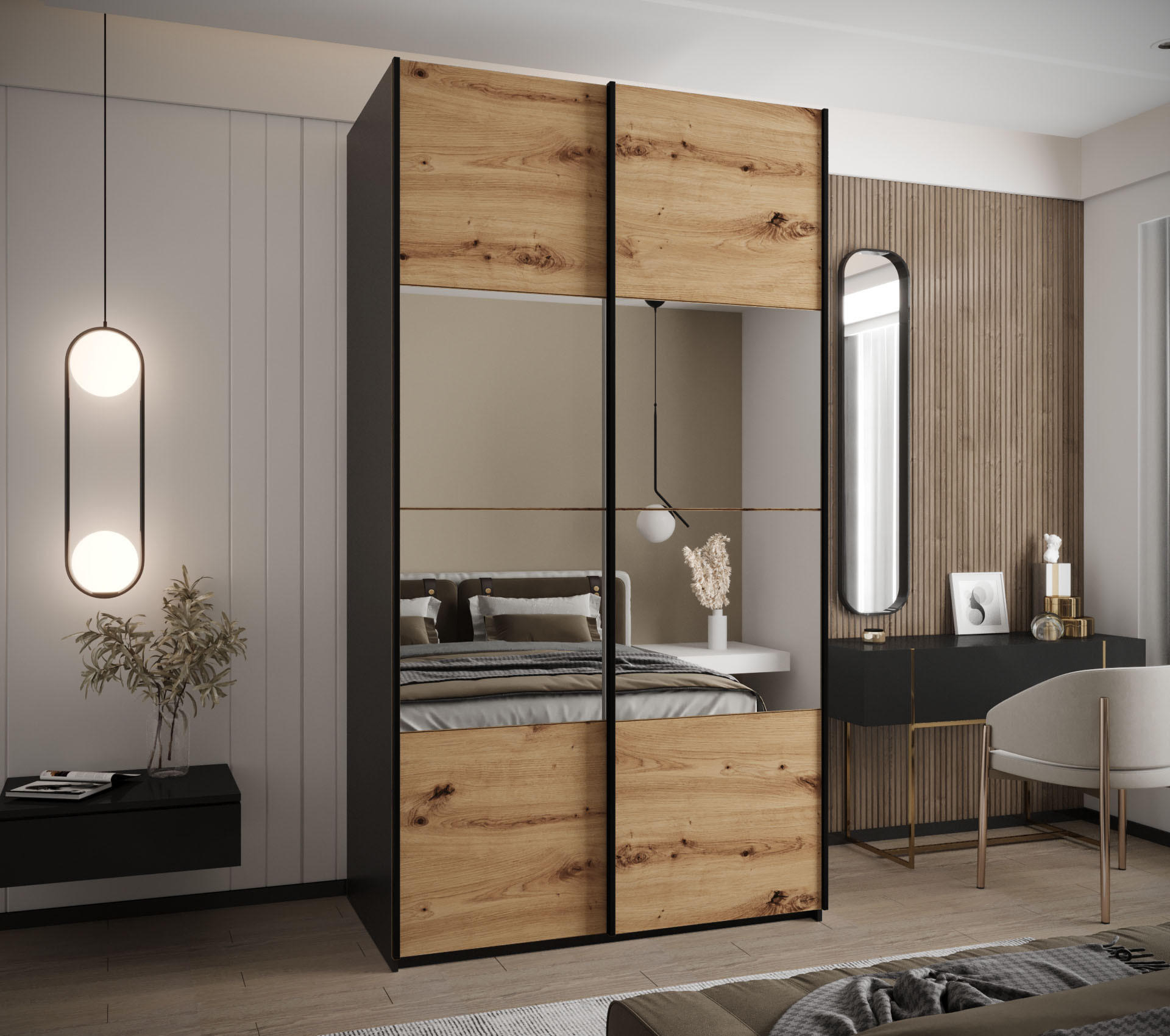 SCHWEBETÜRENSCHRANK 245,5/140/64 2-türig - Schwarz/Eiche Artisan, Holz/Metall (140/245/64cm) - Abiks Möbel