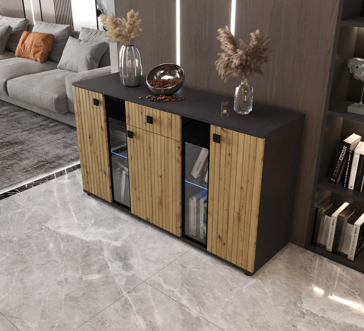 KOMMODE London LSMK LAMELE mit 3 Türen, Sideboard in Farbe: Braun|Schwarz, Größe: 140 x 80 x 40 cm - Schwarz/Braun, Holzwerkstoff (140/80/40cm) - O-Sofa