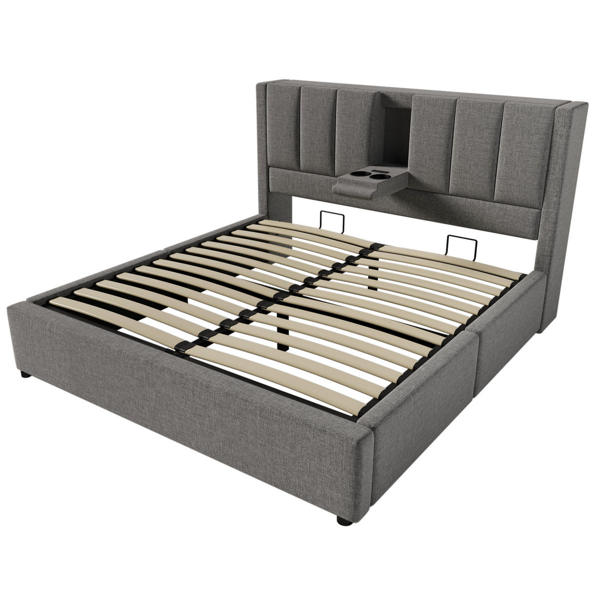 POLSTERBETT 180/200 cm mit Ladestation, versteckten Becherhaltern und Bettkasten, Leinenoptik, Grau - Grau, Textil (180/200cm) - Redom