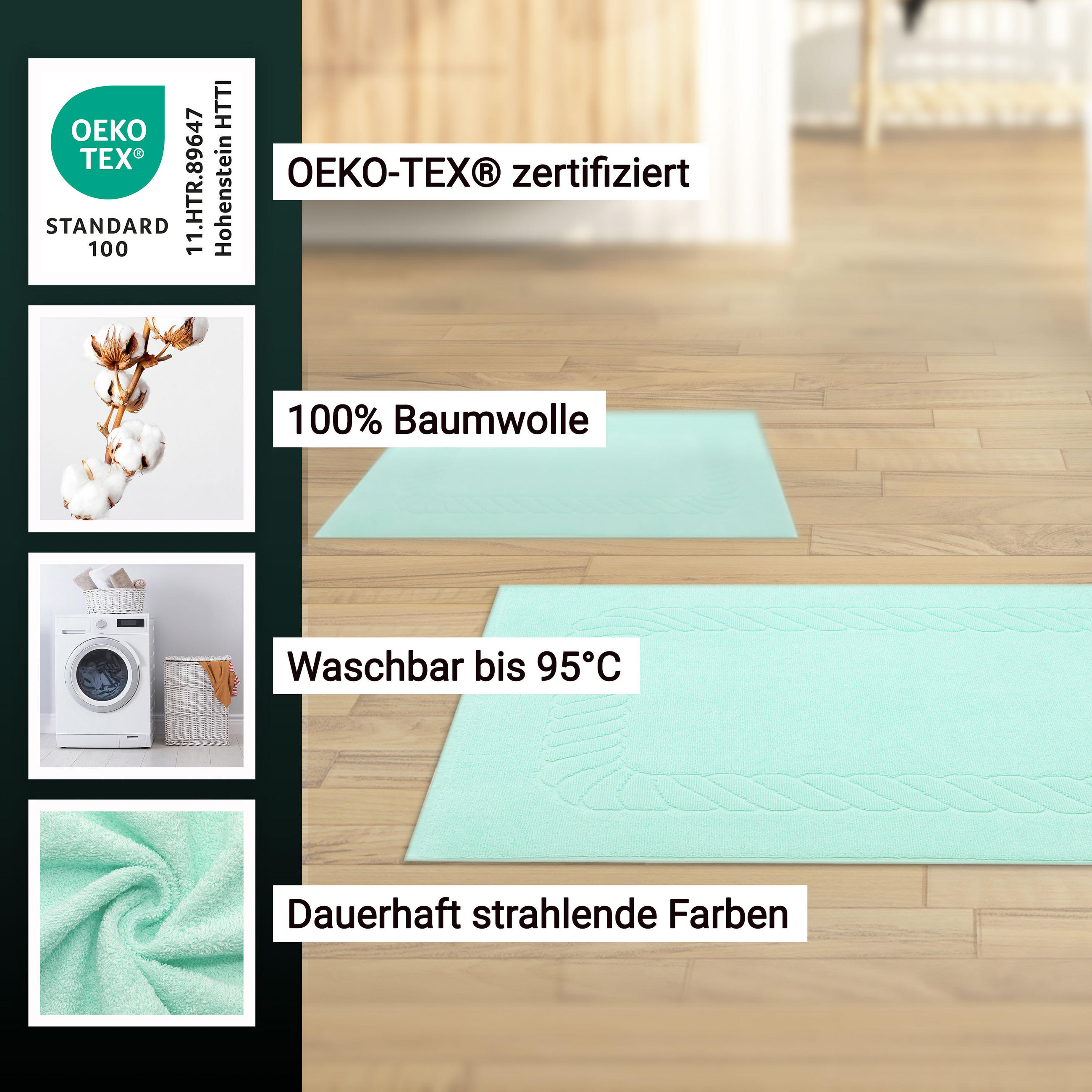 BADEMATTE, 2er-Set, 50x70 cm, 100% Baumwolle, Blau - Grün, Textil (50/70cm) - Zollner